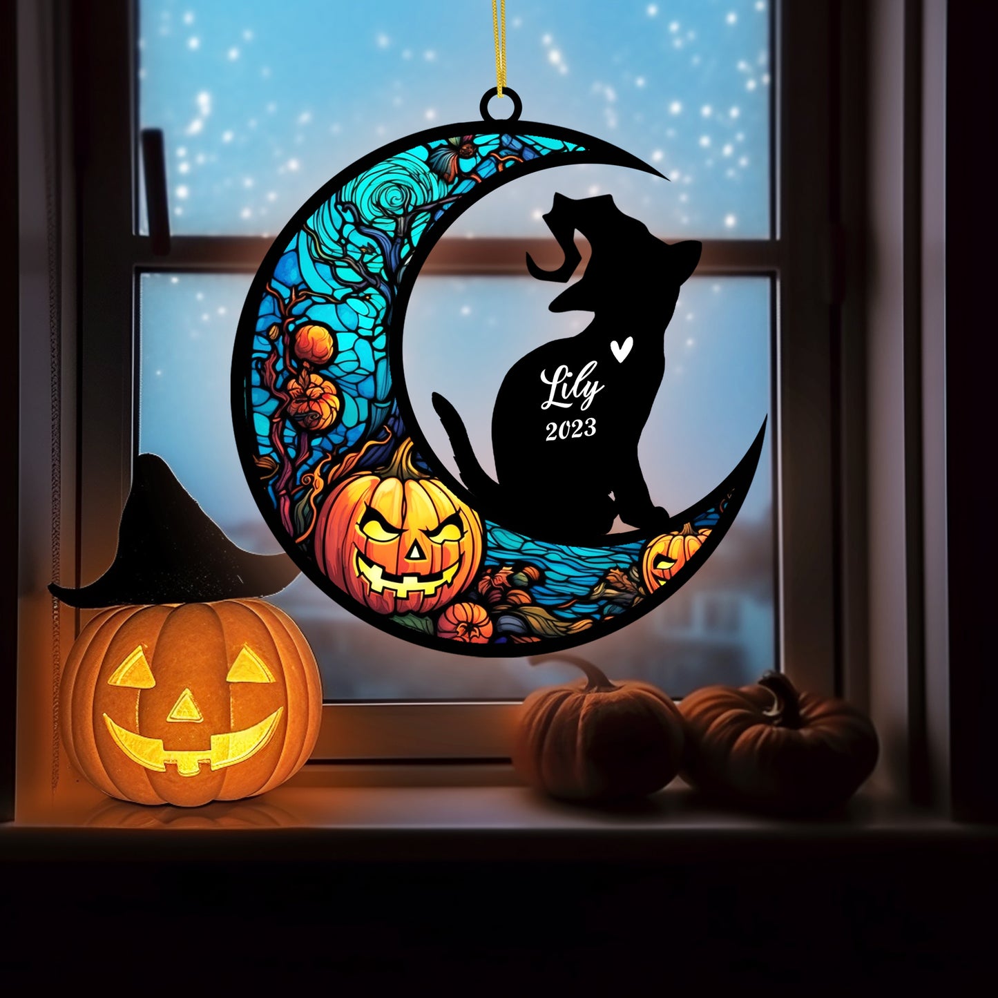 Netecom Personalized Halloween Scottish Fold Cat Suncatcher - Memorial Gift for Loss of Cat, Custom Scottish Fold Lovers Ornament for Window or Wall Hanging, Spooky Sympathy Gift