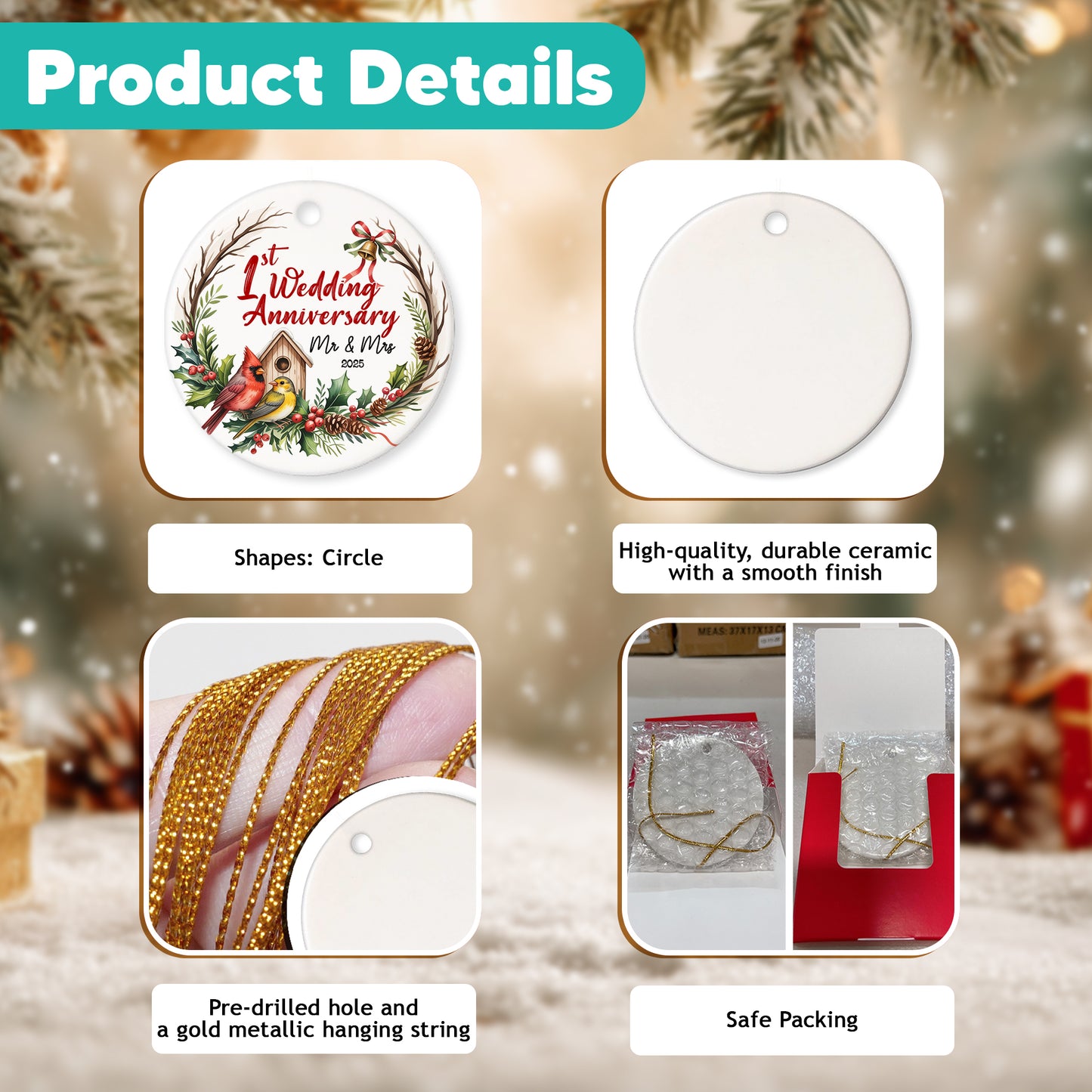 Netecom 1st Wedding Anniversary Christmas Ornament 2025, 1 Year as Mr & Mrs Red Cardinal Ceramic Ornament for Xmas Tree Hanging Decorations Gift, Gifts for Couple Husband Wife, Holiday Present