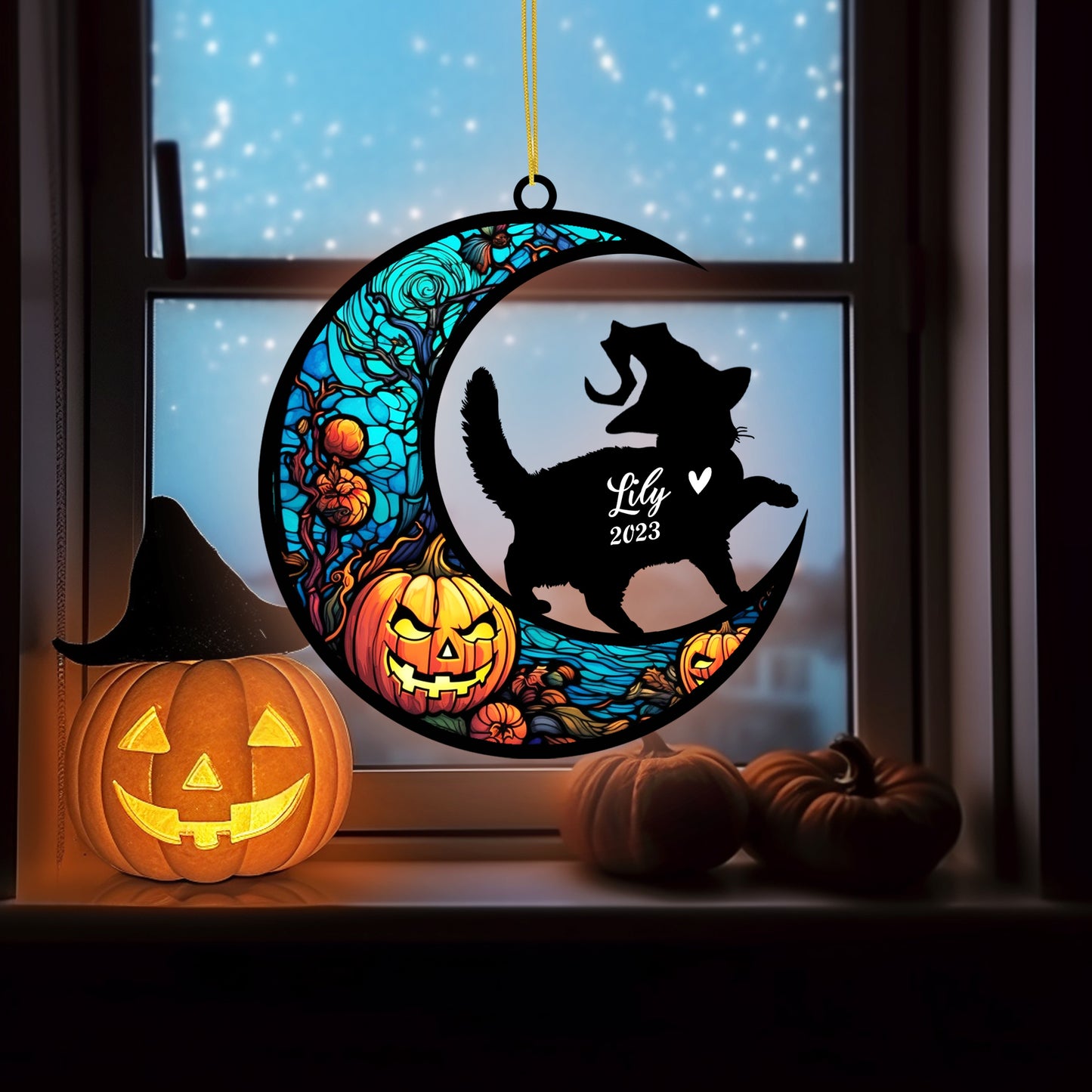 Netecom Personalized Halloween British Shorthair Cat Suncatcher - Custom Cat Ornament with Name, British Shorthair Cat with Witch Hat Halloween Decoration for Window or Garden