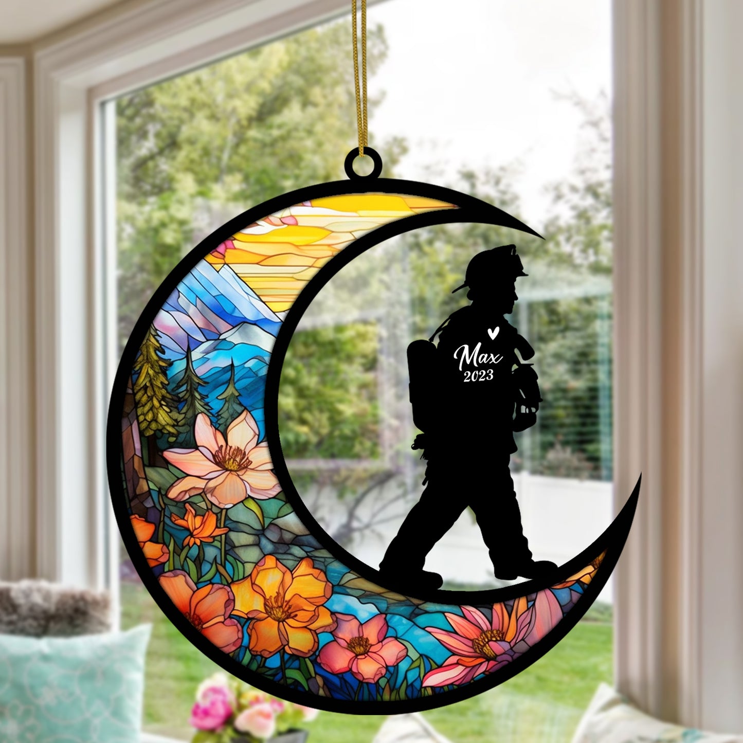 Netecom Personalized Firefighter Suncatcher - Memorial & Sympathy Gift for Loss of Father, Husband, or Dad - Bereavement Ornament for Fireman - Christmas Window Car Light Catcher