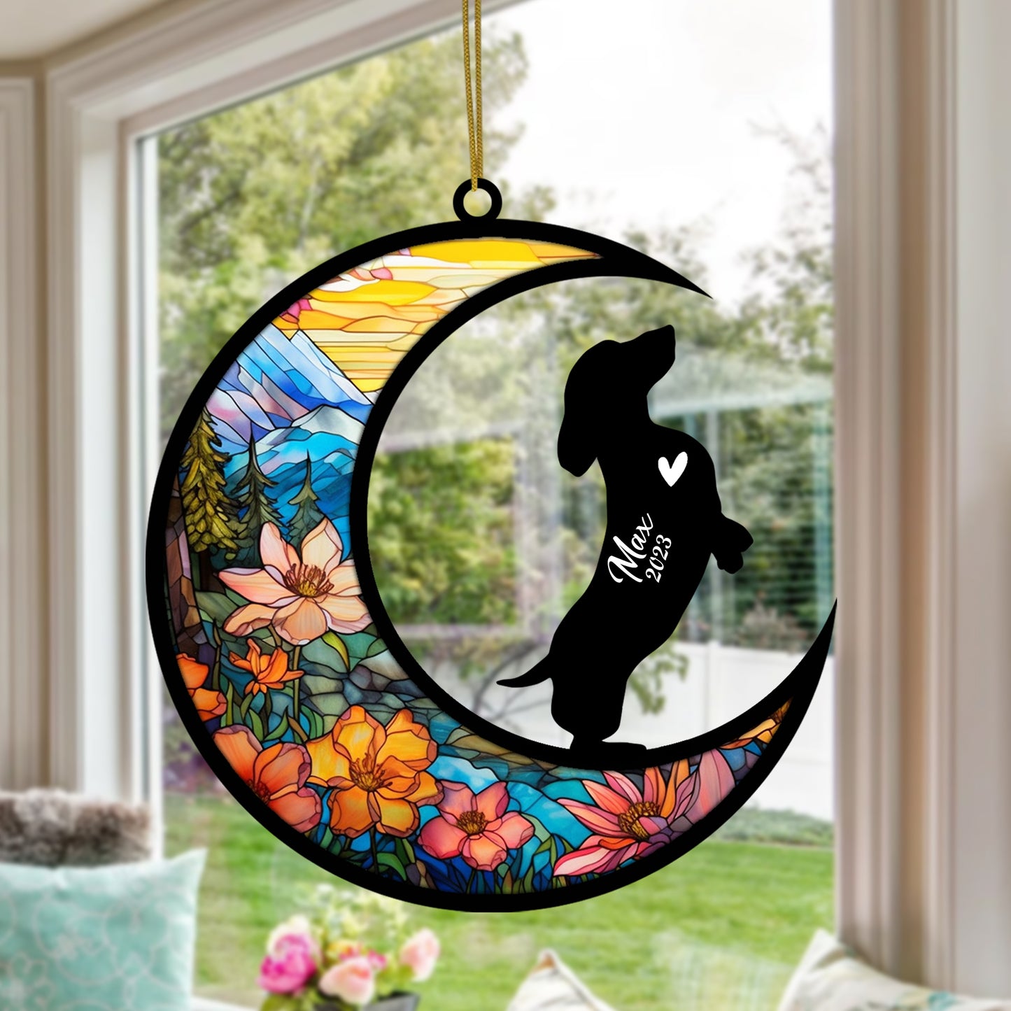 Netecom Personalized Dachshund Memorial Suncatcher, Beagle Christmas Ornament with Name Date, Dog Memorial Ornament Loss of Pet Sympathy Gift, Pet Loss Stained Glass