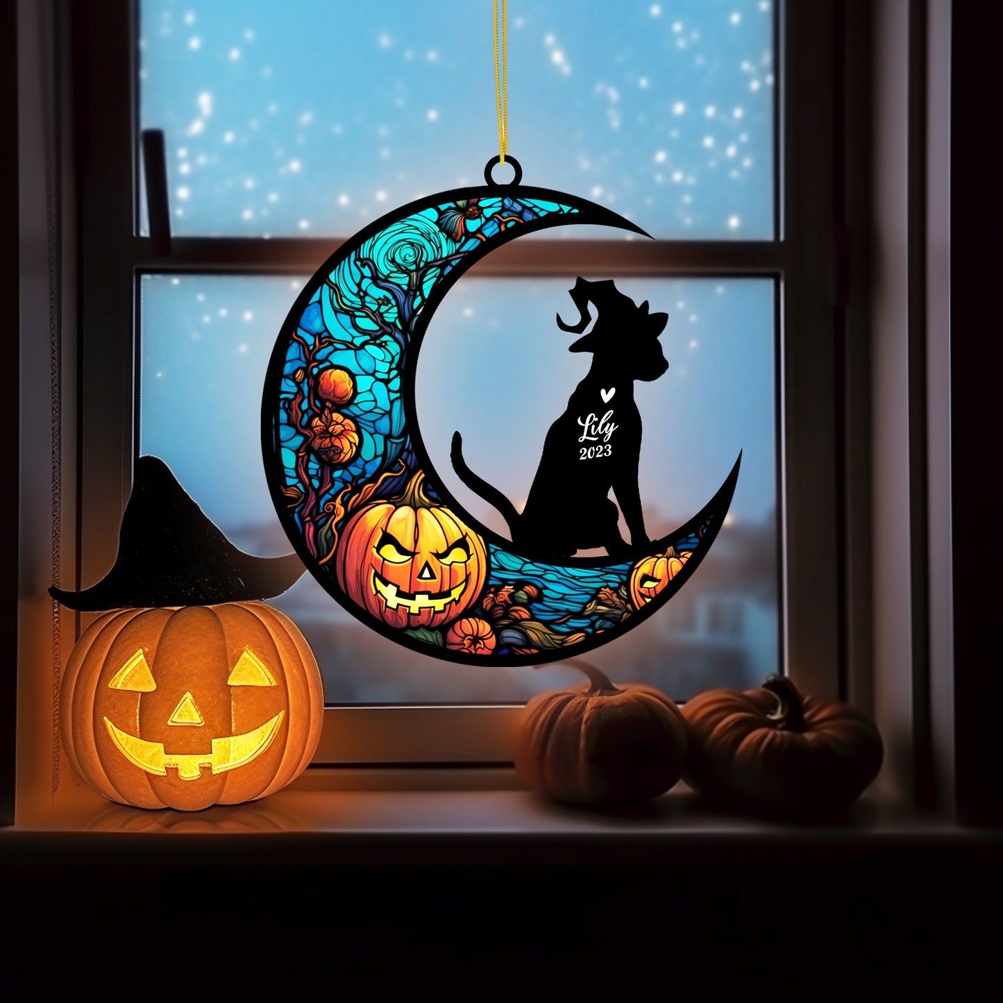 Netecom Personalized Halloween Abyssinian Cat Suncatcher - Memorial Gift for Loss of Cat, Custom Abyssinian Lovers Ornament for Window or Wall Hanging, Spooky Sympathy Gift