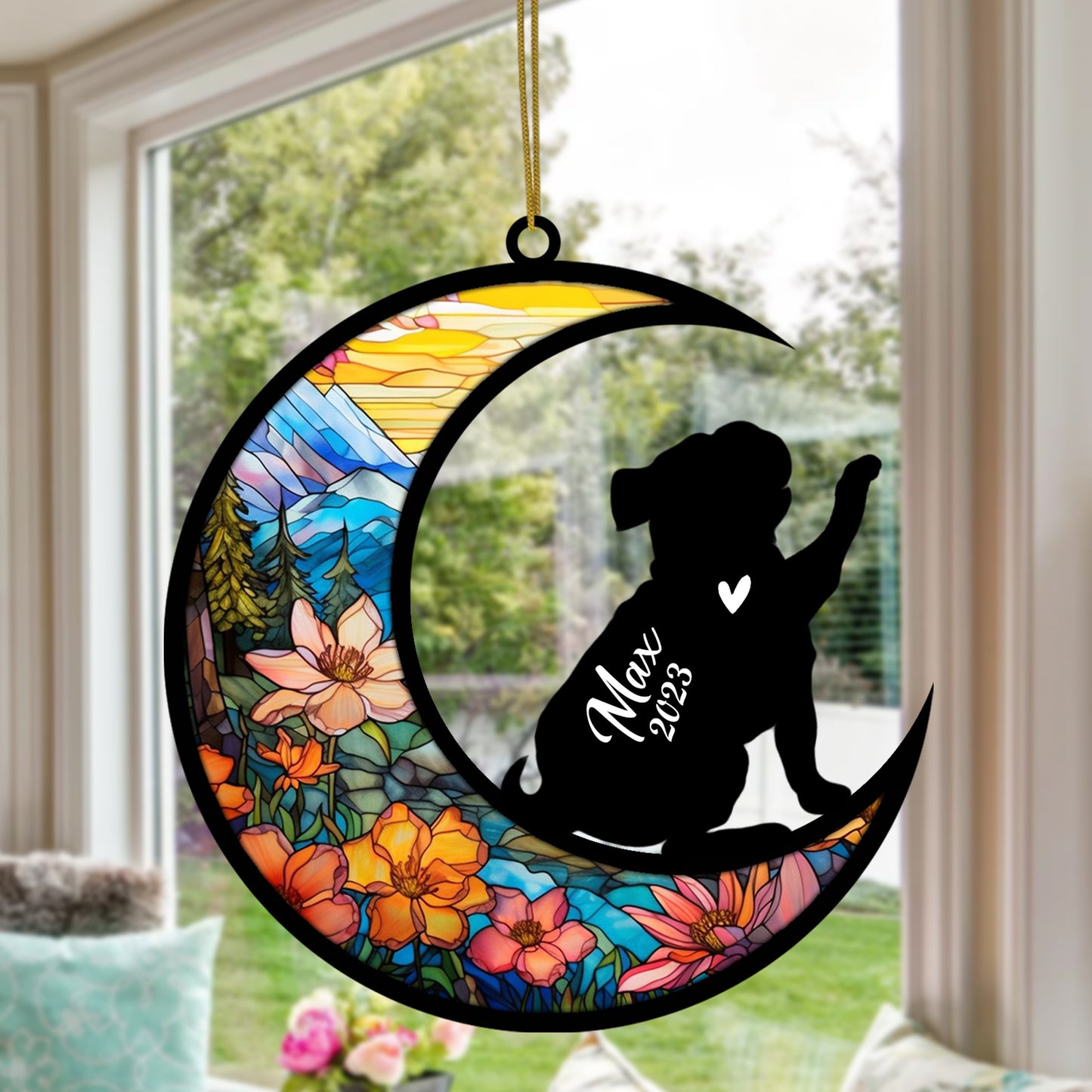 Netecom Personalized Pug Memorial Suncatcher, Beagle Christmas Ornament with Name Date, Dog Memorial Ornament Loss of Pet Sympathy Gift, Pet Loss Stained Glass