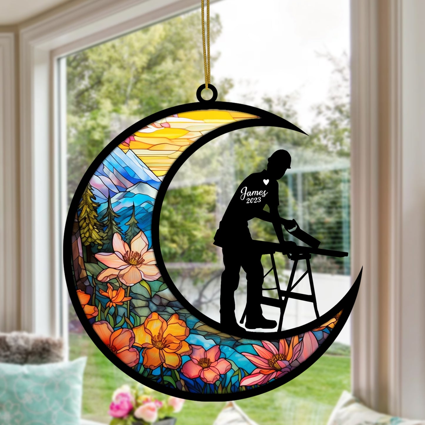 Netecom Personalized Woodworking Memorial Suncatcher - Memorial & Bereavement Gifts for Loss of Father, Dad - Remembrance Gift with Chain Pendant - Hanging Sun Catcher Ornament Decoration