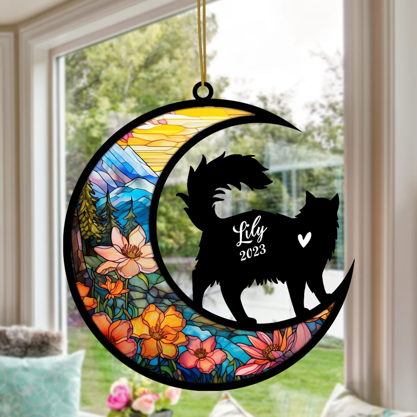 Netecom Personalized Maine Coon Cat Memorial Suncatcher - Custom with Name & Date - Pet Loss Light Catcher - Christmas Cat Ornament for Window Hangings