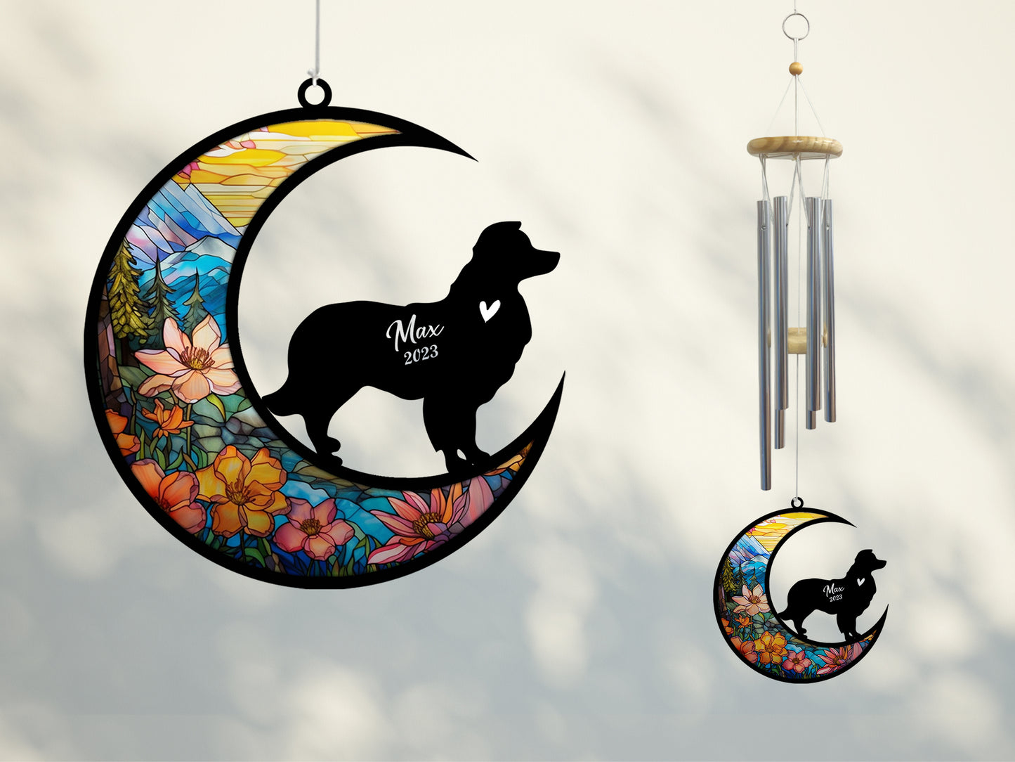 Netecom Border Collie Dog Wind Chimes Memorial, Personalized Pet Memorial Windchime for Dogs Suncatcher, Dog Loss Memorial Ornament, Loss of Pet Remembrance Gift, Sympathy Pet Wind Chimes Outdoor Garden