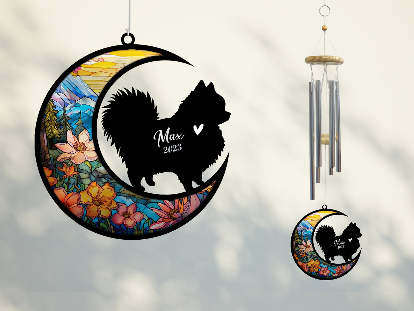 Netecom Pomeranian Dog Wind Chimes Memorial, Personalized Pet Memorial Windchime for Dogs Suncatcher, Dog Loss Memorial Ornament, Loss of Pet Remembrance Gift, Sympathy Pet Wind Chimes Outdoor Garden