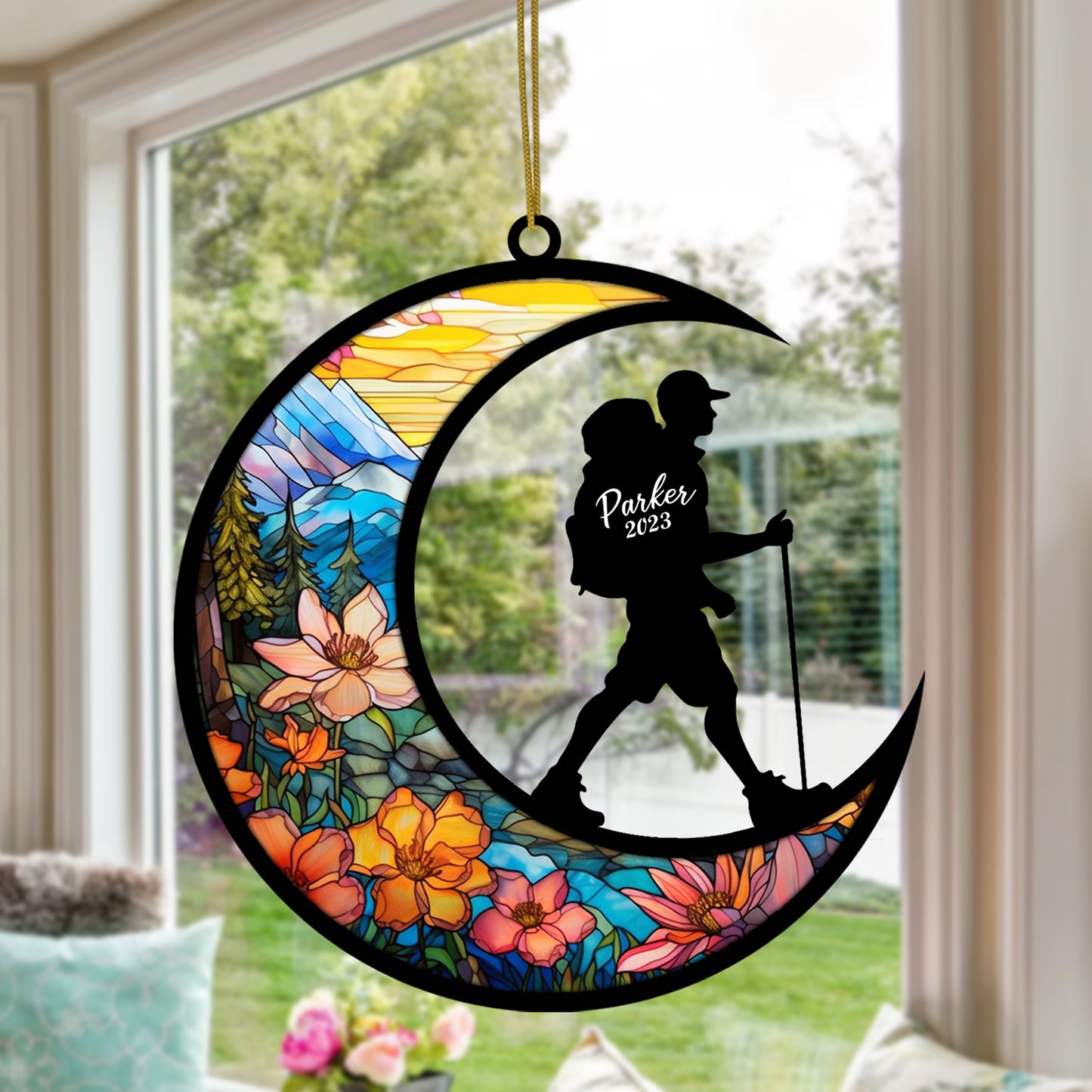 Netecom Personalized Mountain Hiking Suncatcher Ornament - Custom Name Hiker Ornament - Gift for Man & Woman Hiker, Mountain Climber, or Through Hiker - Perfect for Hiking Lovers
