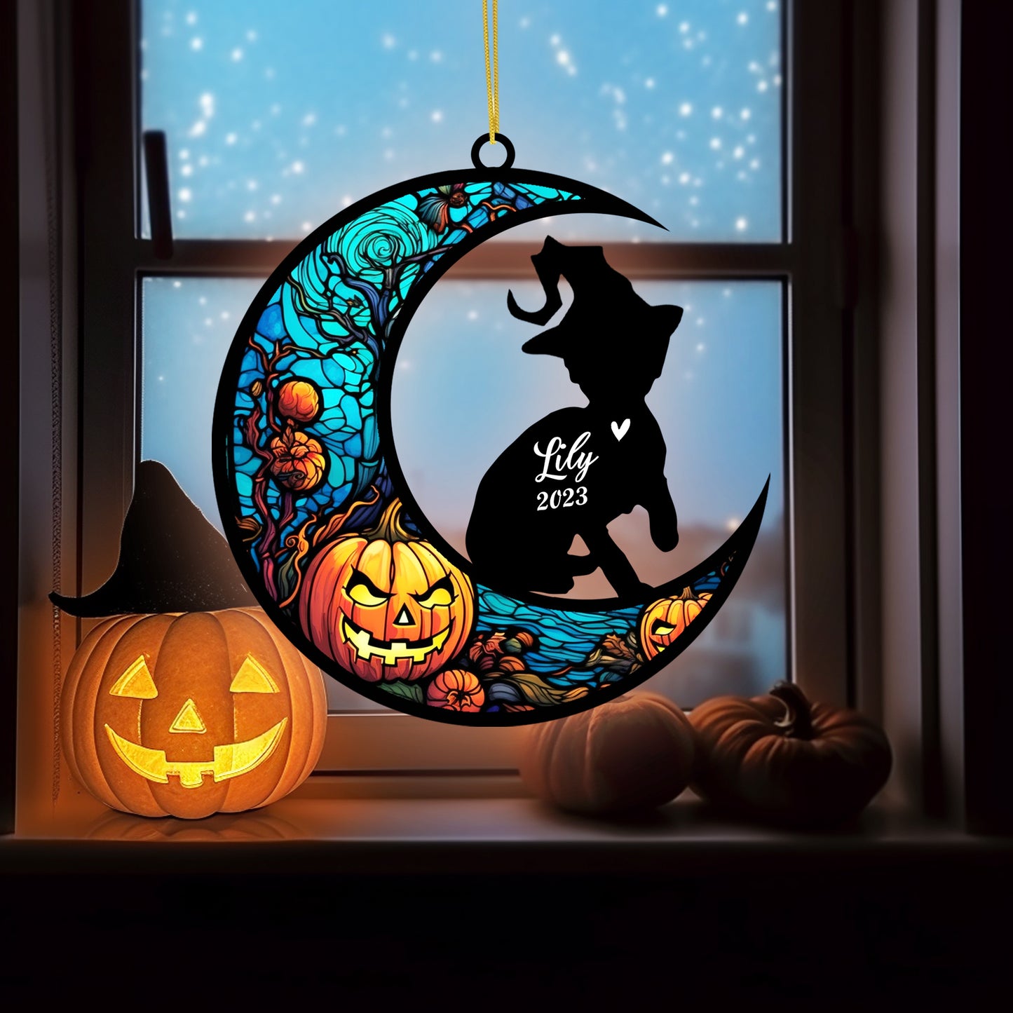 Netecom Personalized Halloween Devon Rex Cat Suncatcher - Custom Cat Ornament with Name, Devon Rex Cat with Witch Hat Halloween Decoration for Window, Garden, or Car