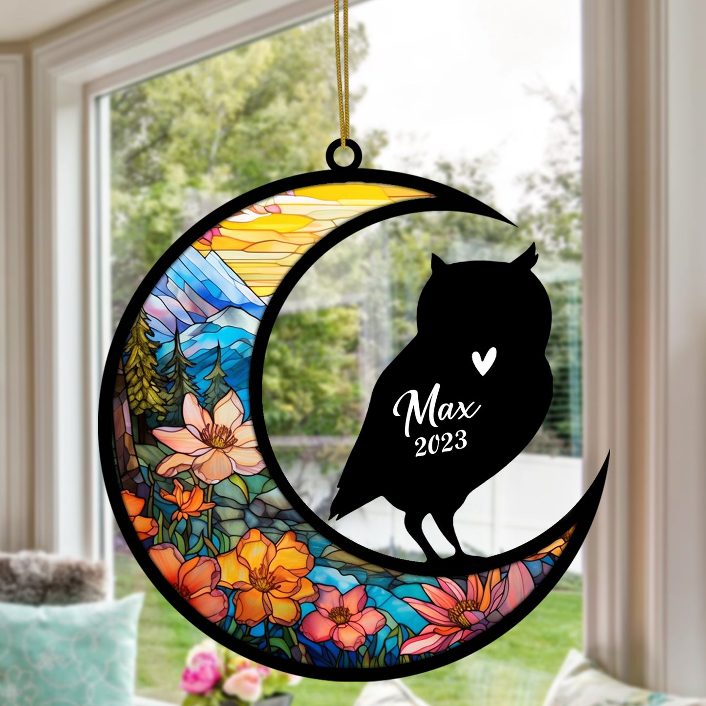 Netecom Personalized Owl Bird Suncatcher Ornament for Windows Decoration, Owl Car Hangings, Bereavement Owl Loss Gift Custom Owl with Name Date, Gifts for Owl Lovers