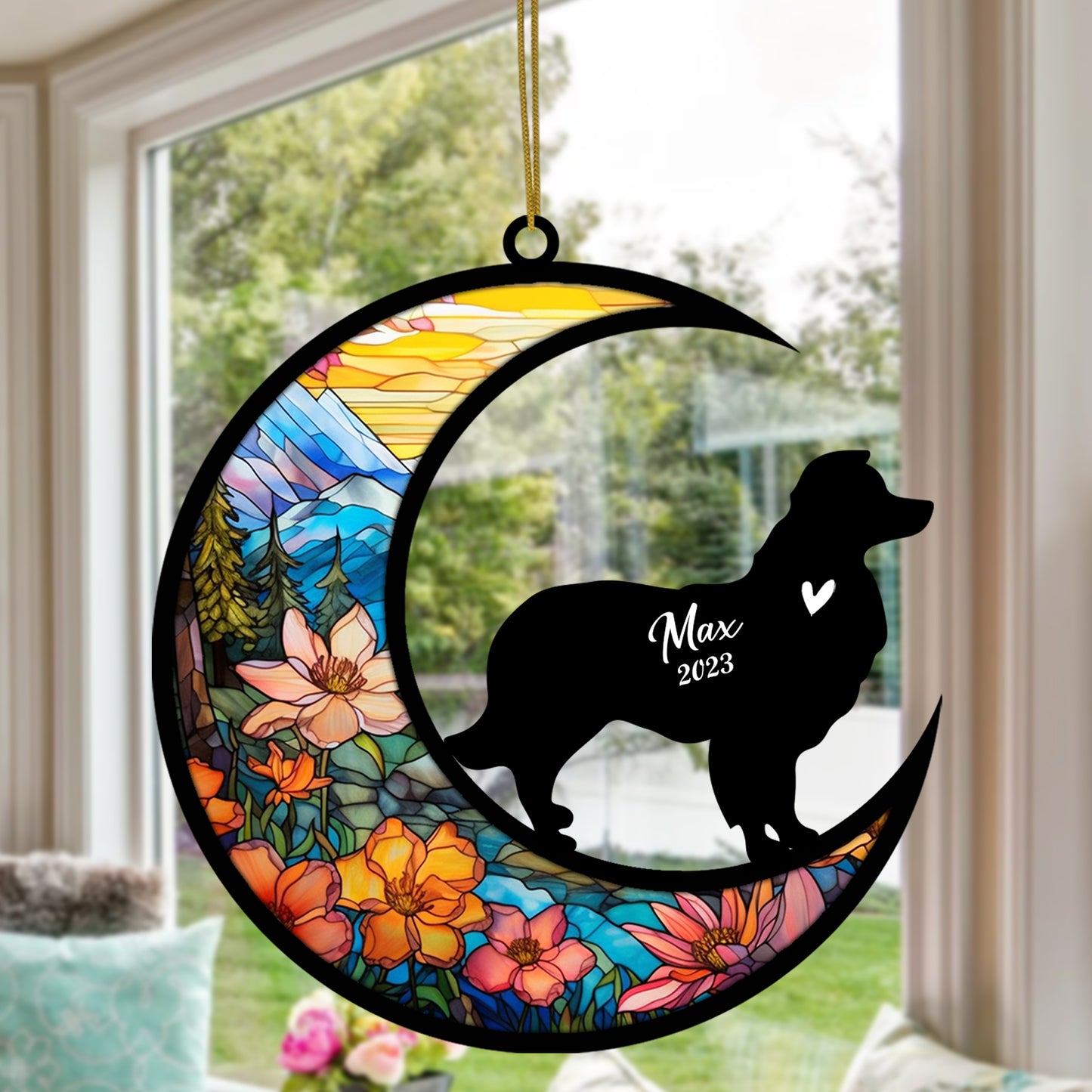 Netecom Personalized Border Collie Memorial Suncatcher - Dog Christmas Ornament with Name & Date - Boston Terrier Pet Loss Stained Glass Sympathy Gift & Bereavement Keepsake