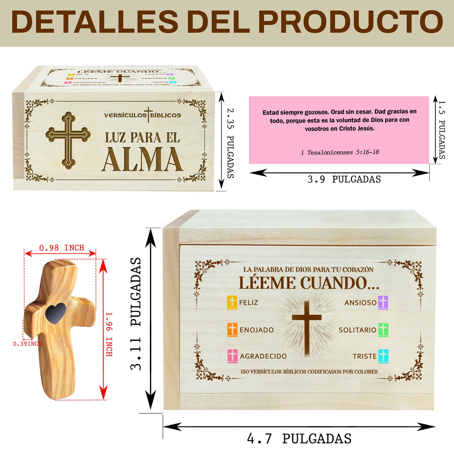 Netecom Spanish Bible Verse Box en Español with Prayer Cross, Caja de Versículos Bíblicos en Español, Regalos Cristianos, 150 Upgrade Bible Verse Cards Box Set for Emotions and Feelings