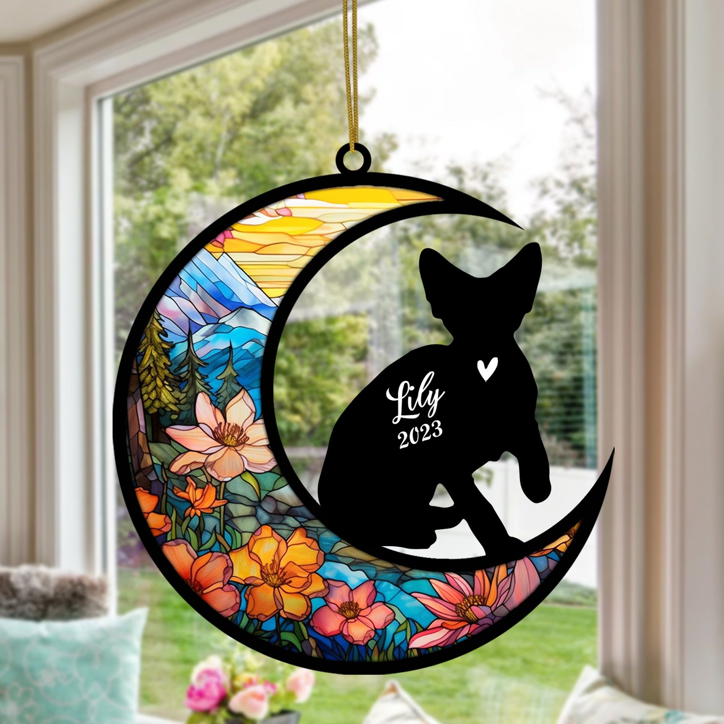Netecom Personalized Devon Rex Cat On Moon Suncatcher - Custom with Name & Date - Pet Loss Light Catcher - Gifts for Cat Lovers - Christmas Cat Ornament for Window Hangings