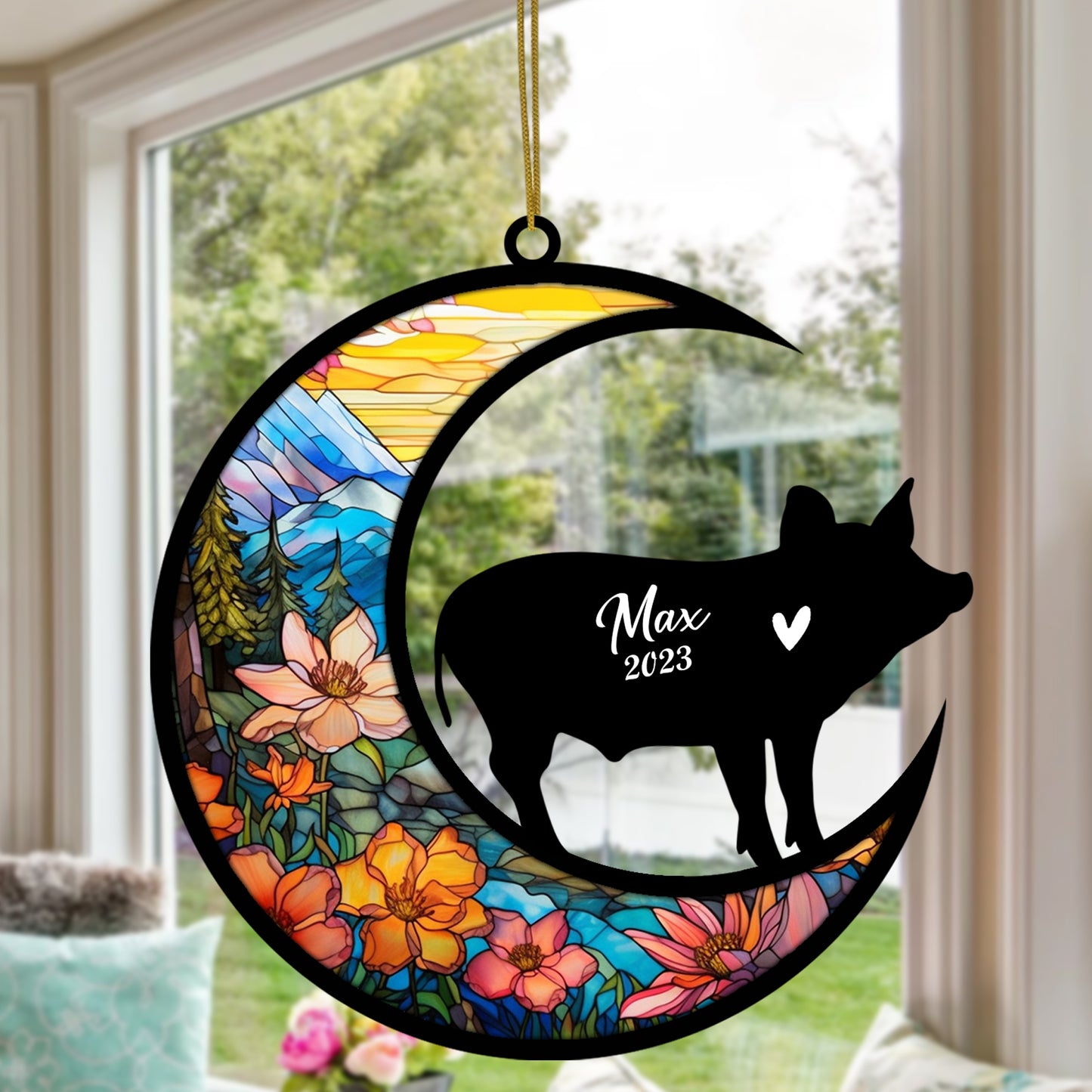 Netecom Personalized Pig Memorial Suncatcher, Pet Loss Suncatcher, Bereavement Pig Loss Gift, Custom Pig Suncatcher with Name Date, Gifts for Pig Lovers Hanging Ornaments for Xmas, Car, Window