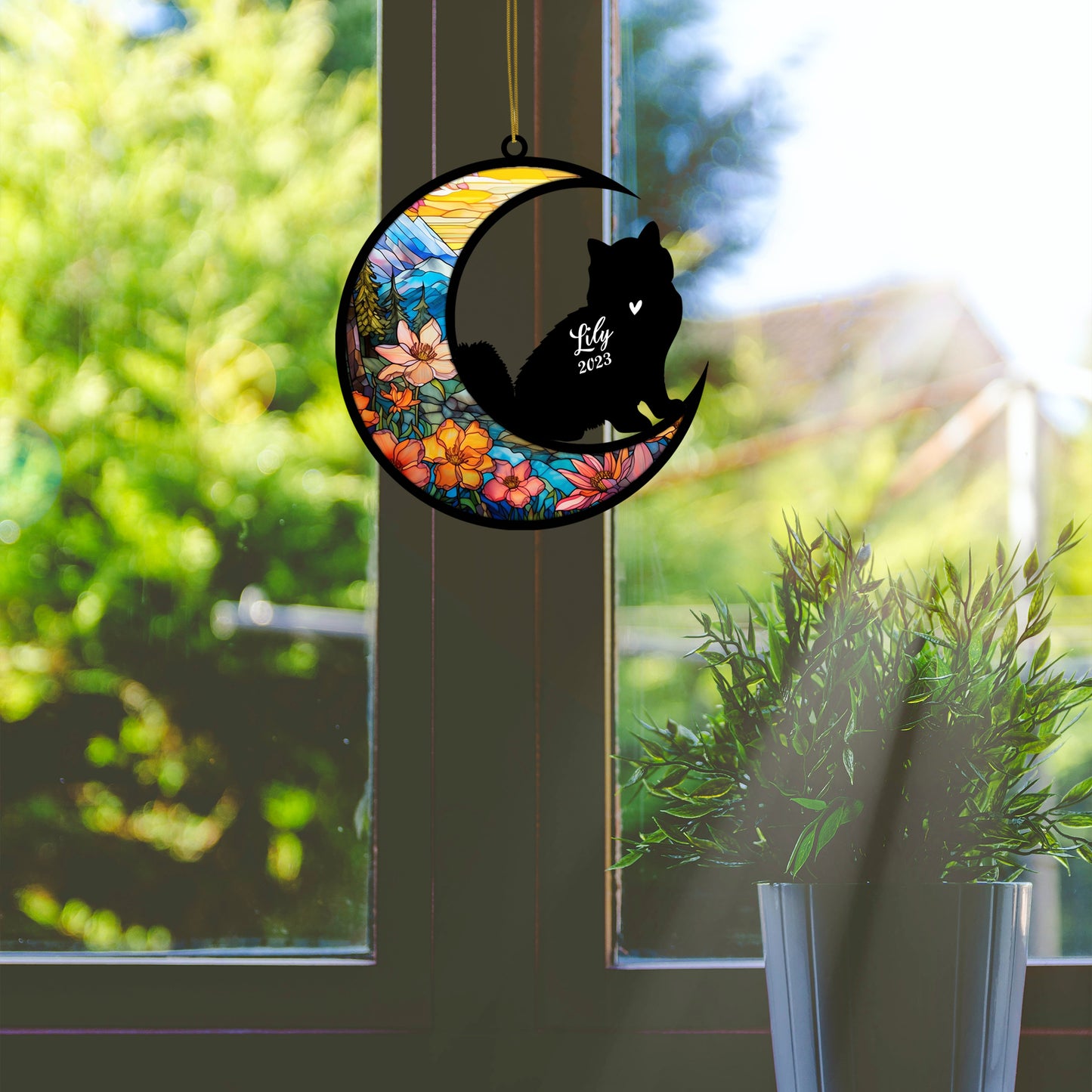 Netecom Personalized Siberian Cat On Moon Suncatcher - Custom with Name & Date - Pet Loss Light Catcher - Gifts for Cat Lovers - Christmas Cat Ornament for Window Hangings