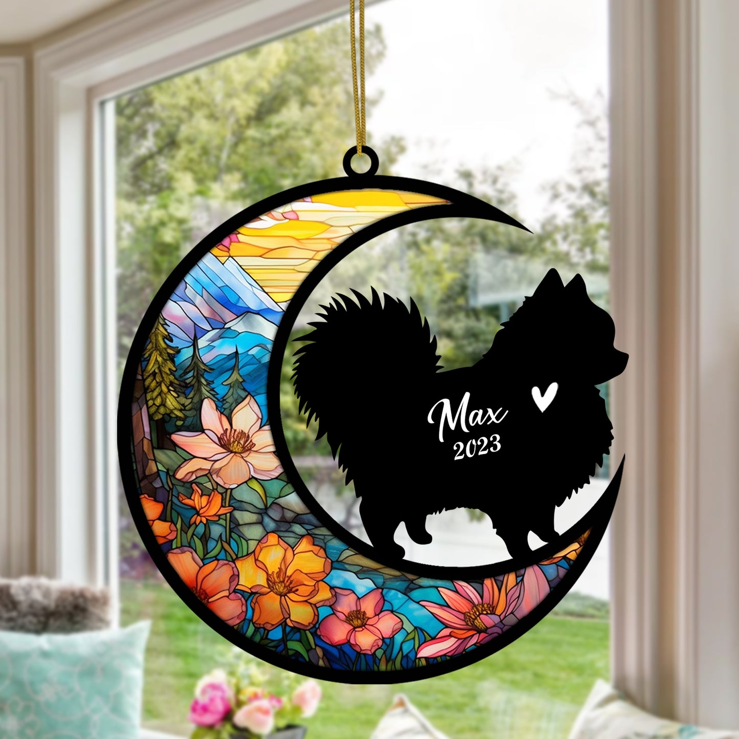 Netecom Personalized Pomeranian Memorial Suncatcher - Beagle Christmas Ornament with Name & Date - Dog Memorial Ornament - Pet Loss Sympathy Gift - Stained Glass Light Catcher