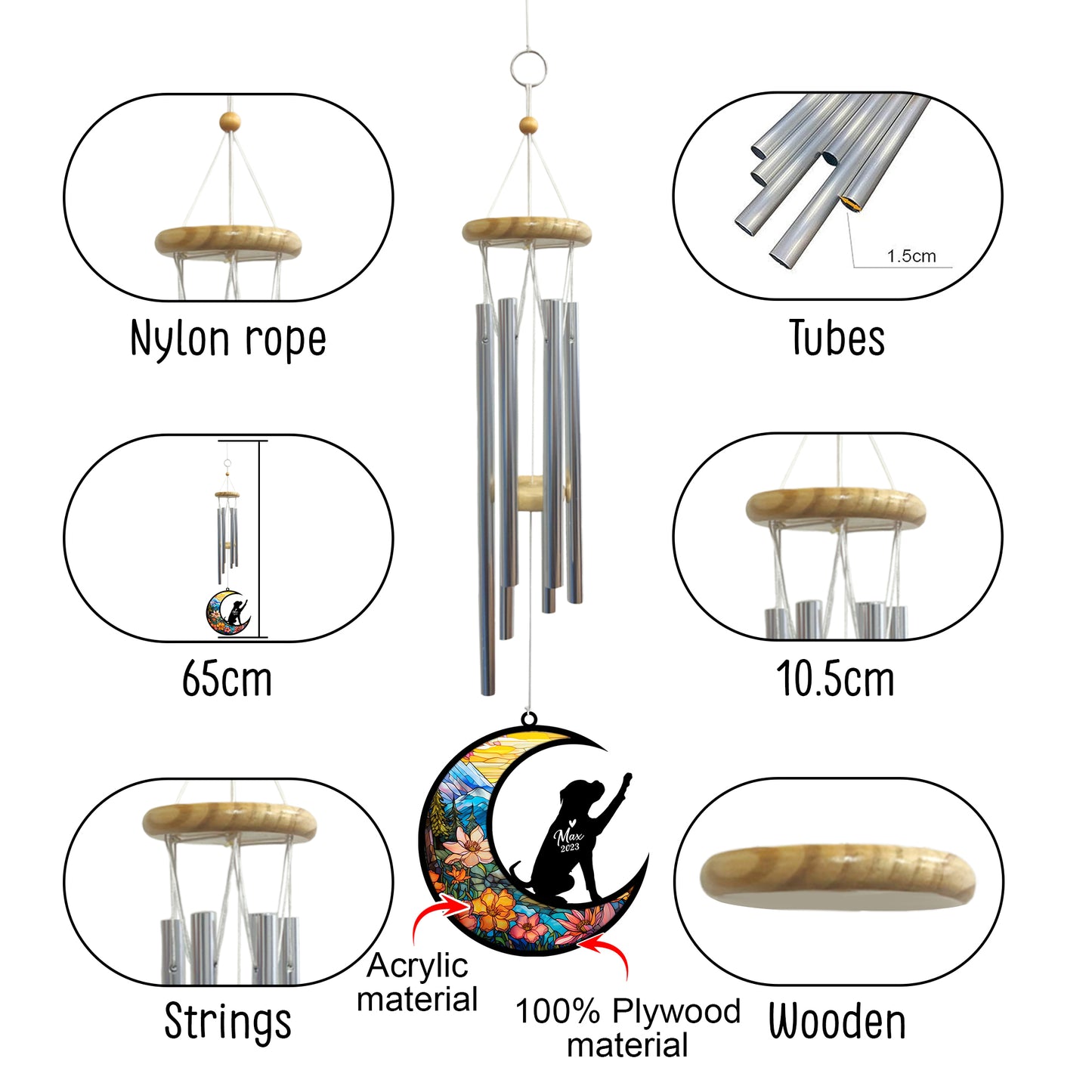 Netecom Boxer Dog Wind Chimes Memorial, Personalized Pet Memorial Windchime for Dogs Suncatcher, Dog Loss Memorial Ornament, Loss of Pet Remembrance Gift, Sympathy Pet Wind Chimes Outdoor Garden