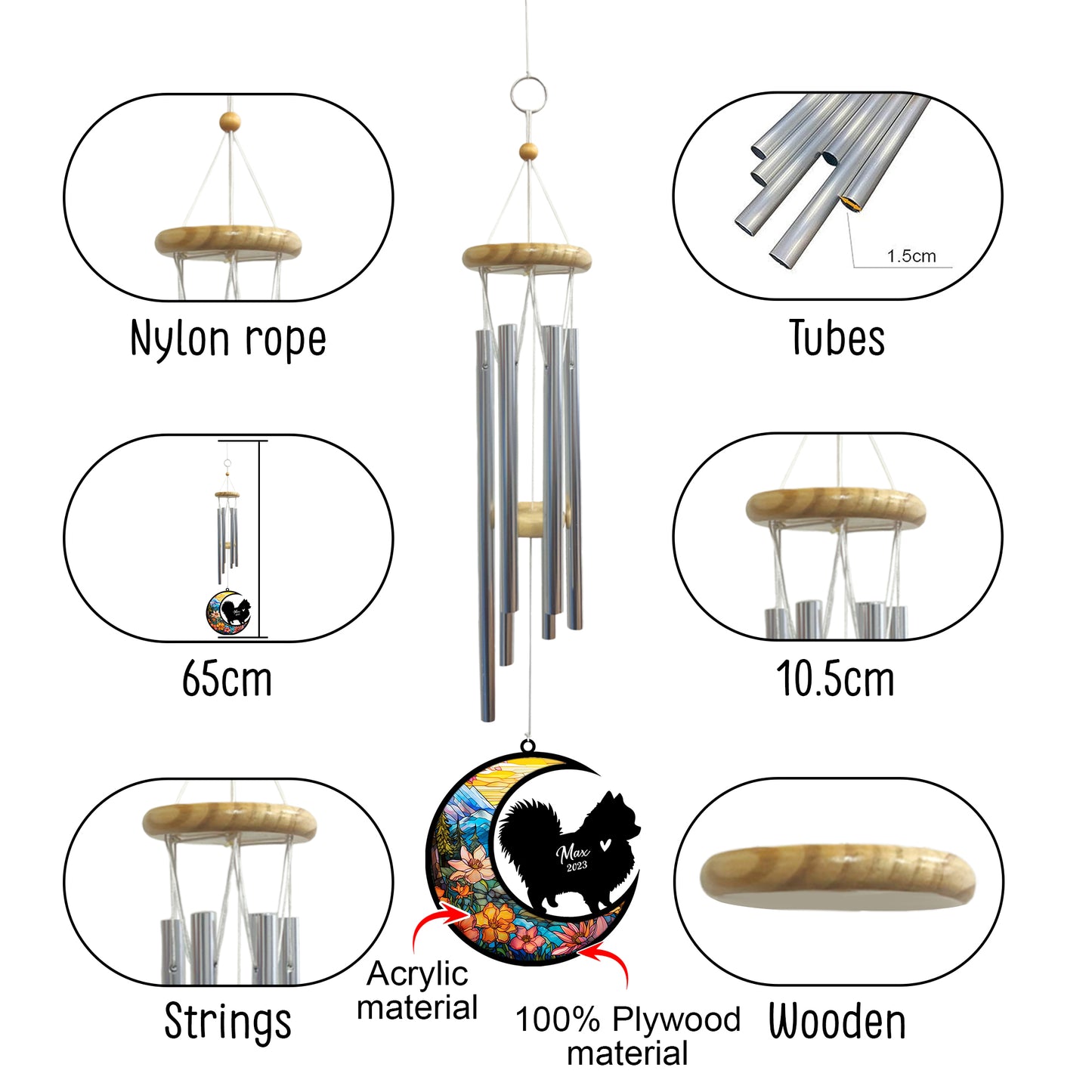 Netecom Pomeranian Dog Wind Chimes Memorial, Personalized Pet Memorial Windchime for Dogs Suncatcher, Dog Loss Memorial Ornament, Loss of Pet Remembrance Gift, Sympathy Pet Wind Chimes Outdoor Garden