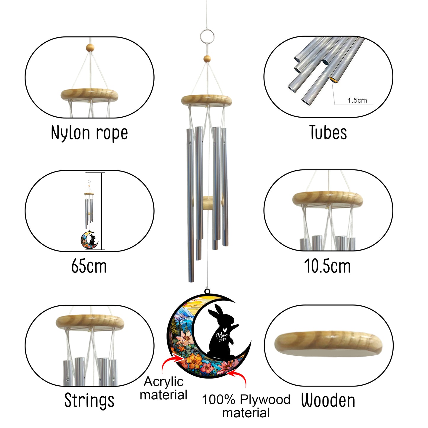 Netecom Rabbit Wind Chimes Memorial, Personalized Pet Memorial Windchime for Rabbits Suncatcher, Bunny Loss Memorial Ornament, Loss of Pet Remembrance Gift, Sympathy Pet Wind Chimes Outdoor Garden