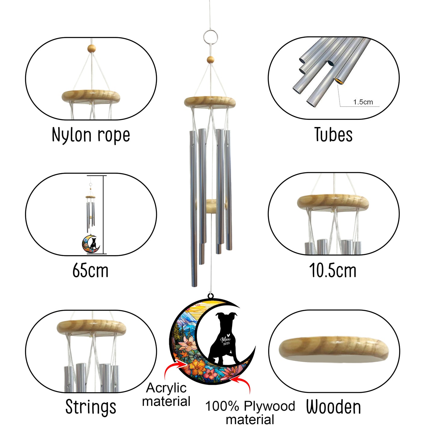 Netecom Jack Russell Dog Wind Chimes Memorial, Personalized Pet Memorial Windchime for Dogs Suncatcher, Dog Loss Memorial Ornament, Loss of Pet Remembrance Gift, Sympathy Pet Wind Chimes Outdoor Garden