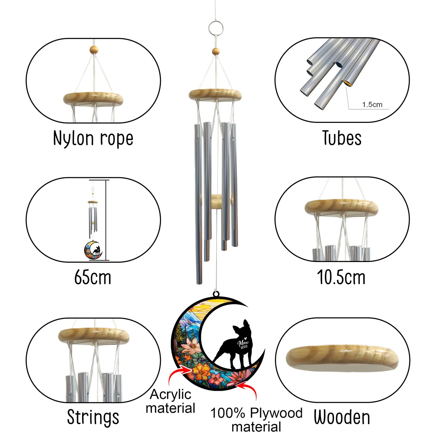 Netecom Bulldog Wind Chimes Memorial, Personalized Pet Memorial Windchime for Dogs Suncatcher, Dog Loss Memorial Ornament, Loss of Pet Remembrance Gift, Sympathy Pet Wind Chimes Outdoor Garden