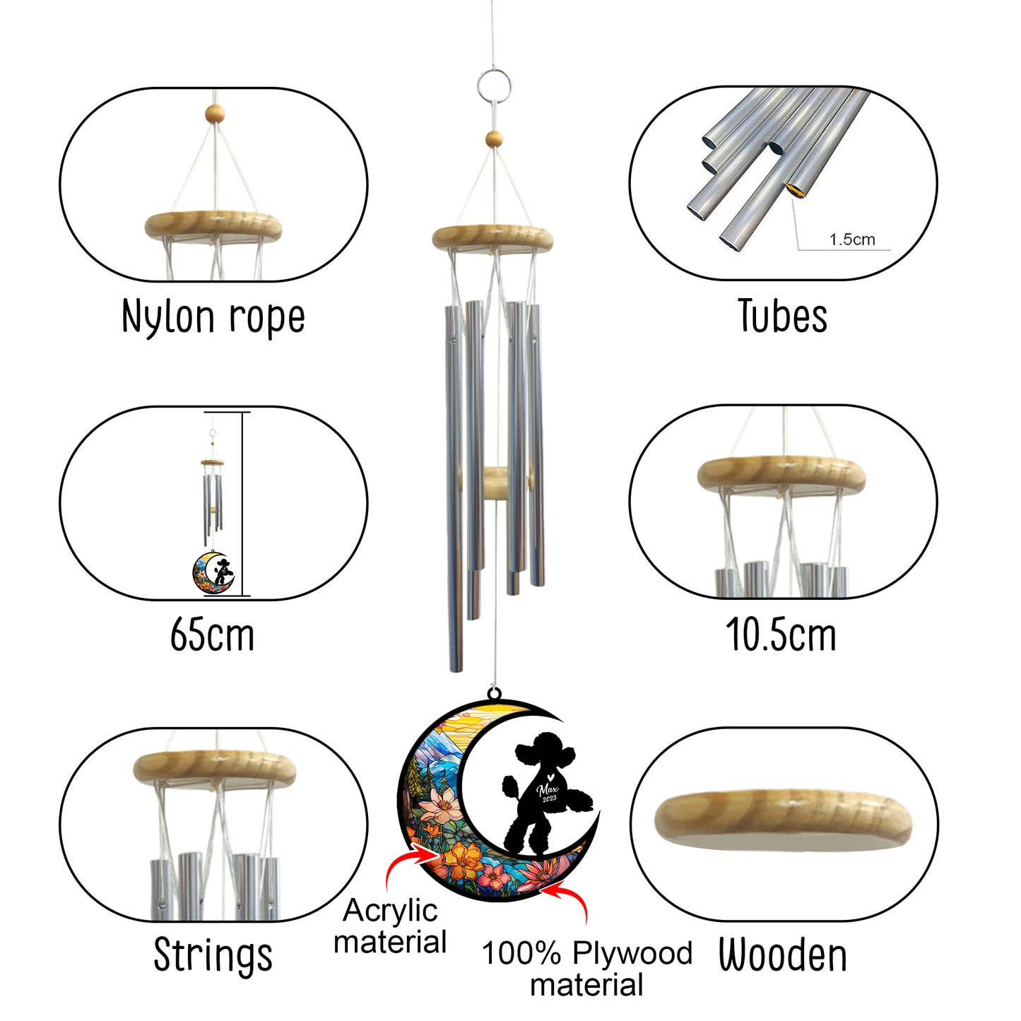 Netecom Poodle Dog Wind Chimes Memorial, Personalized Pet Memorial Windchime for Dogs Suncatcher, Dog Loss Memorial Ornament, Loss of Pet Remembrance Gift, Sympathy Pet Wind Chimes Outdoor Garden