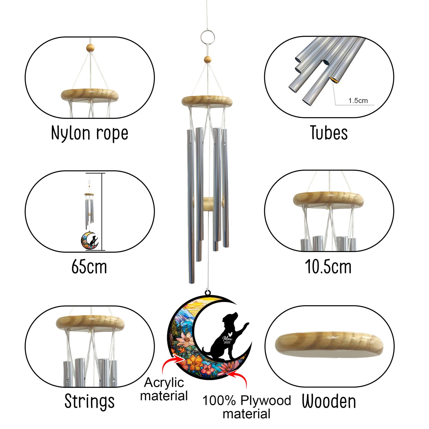 Netecom Rottweiler Dog Wind Chimes Memorial, Personalized Pet Memorial Windchime for Dogs Suncatcher, Dog Loss Memorial Ornament, Loss of Pet Remembrance Gift, Sympathy Pet Wind Chimes Outdoor Garden