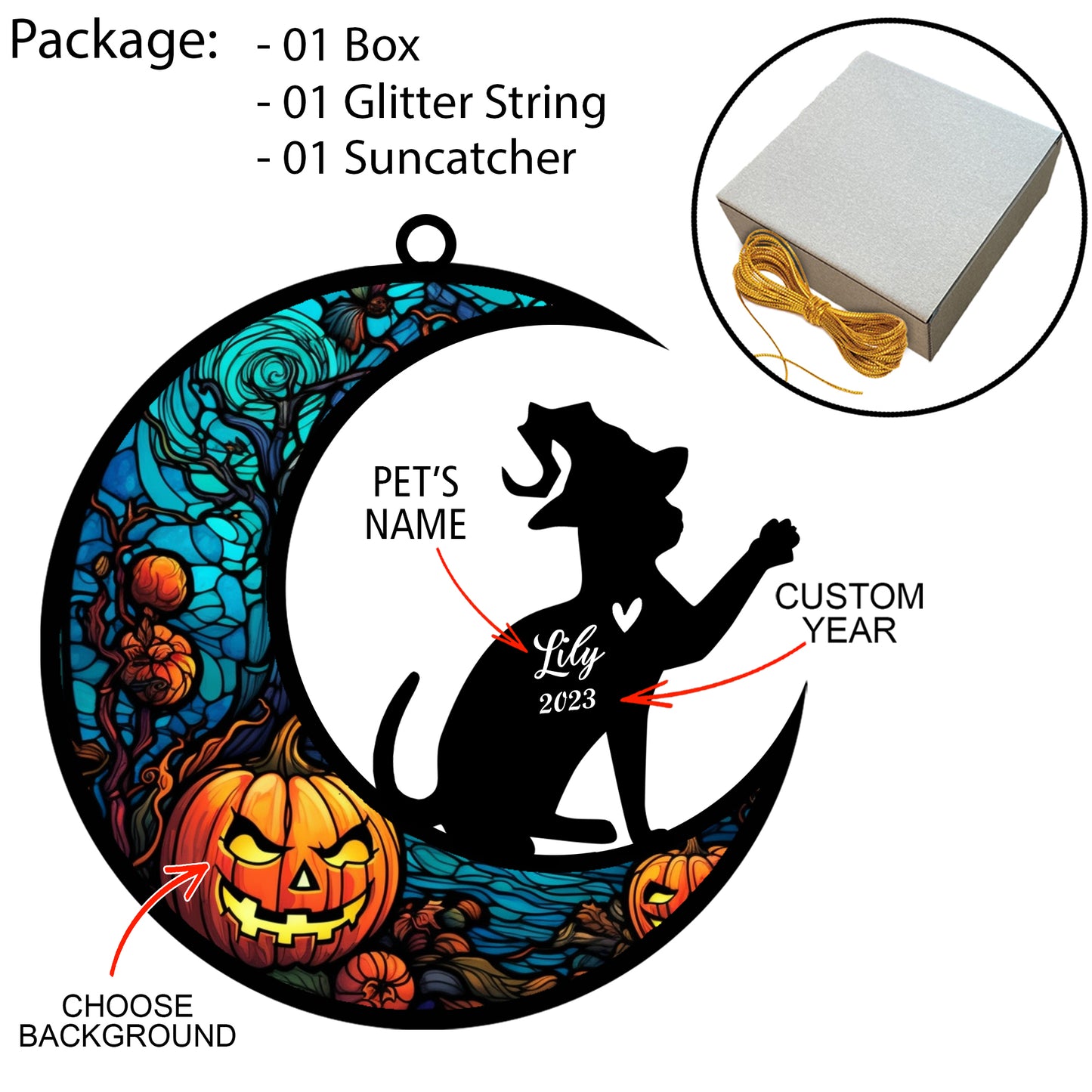 Netecom Personalized Halloween Bengal Cat Suncatcher - Memorial Gift for Loss of Cat, Custom Bengal Lovers Ornament for Window or Wall Hanging, Spooky Sympathy Gift