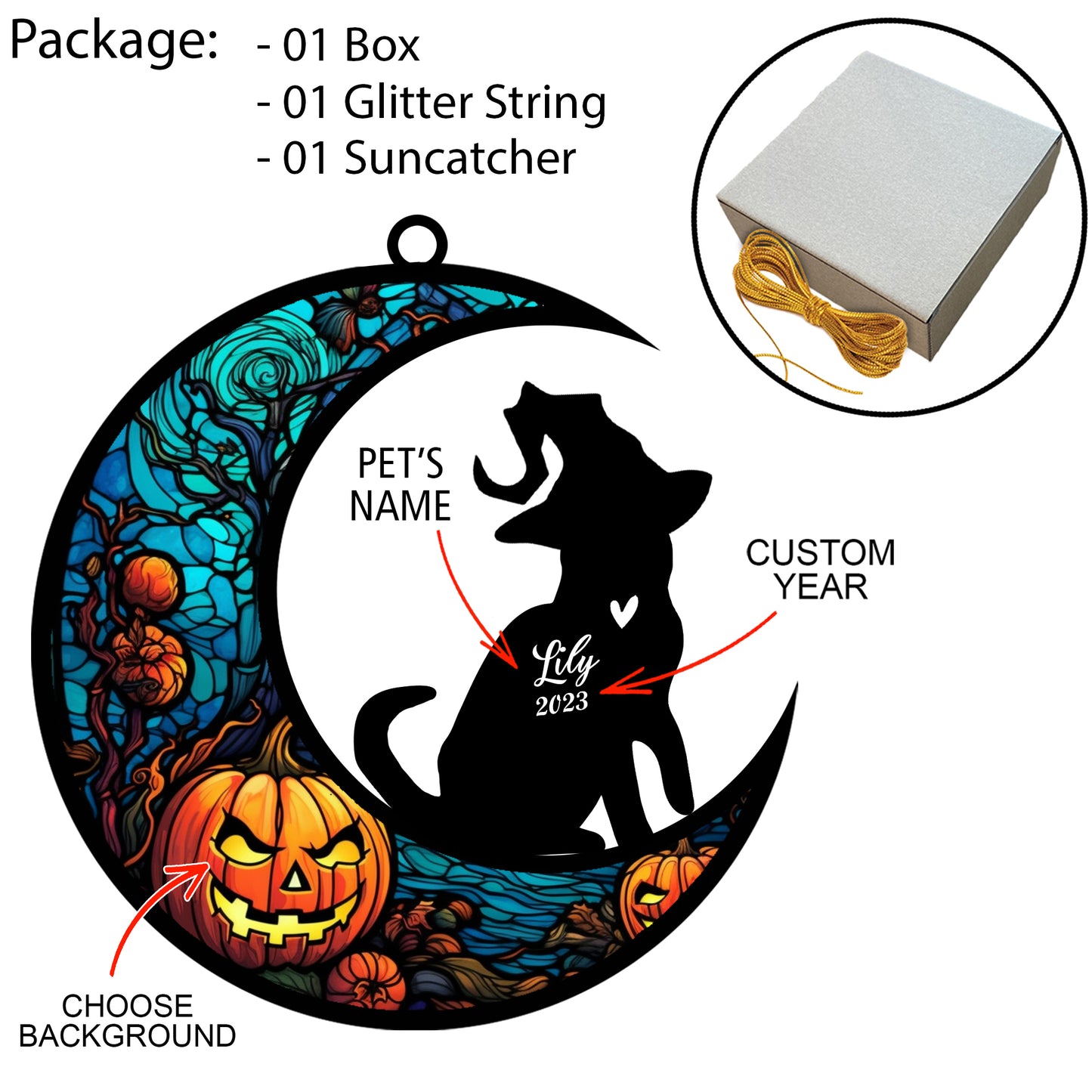 Netecom Personalized Halloween American Shorthair Cat Suncatcher - Custom Cat Ornament with Name, American Shorthair Cat with Witch Hat Halloween Decoration for Window or Garden