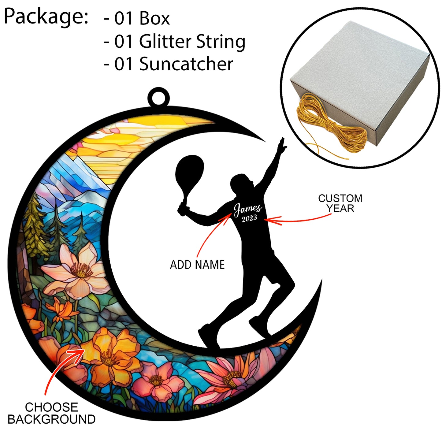 Netecom Personalized Tennis Suncatcher - Tennis Ornament for Christmas Tree 2025 - Tennis Christmas Pendant & Hanging Decoration for Car, Window, Home & Party - Tennis Lover Gift