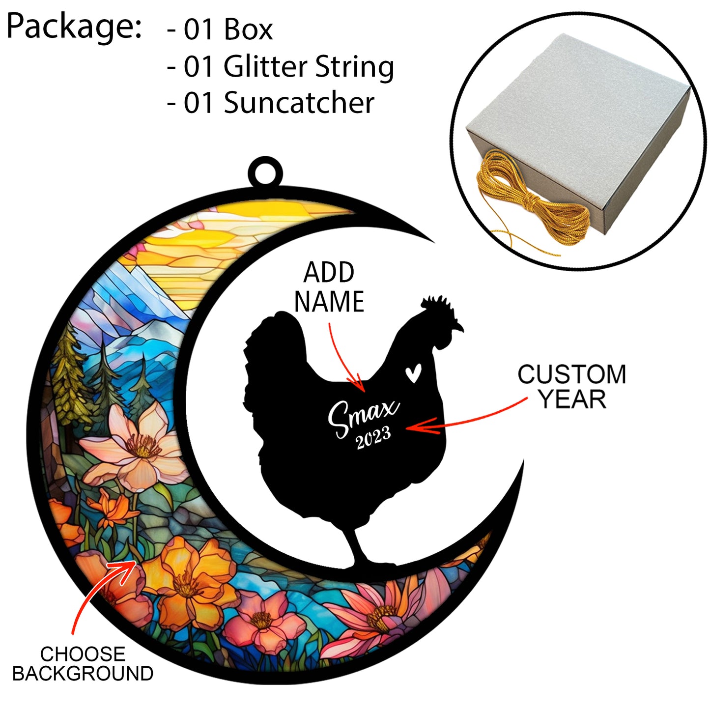 Netecom Personalized Chicken Memorial Suncatcher, Pet Loss Suncatcher, Bereavement Chicken Loss Gift, Custom Chicken with Name, Gifts for Chicken Lovers, Hanging Ornaments for Xmas, Car, Window