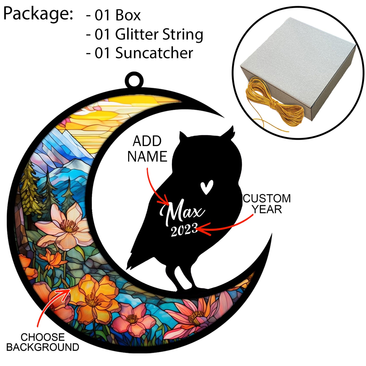 Netecom Personalized Owl Bird Suncatcher Ornament for Windows Decoration, Owl Car Hangings, Bereavement Owl Loss Gift Custom Owl with Name Date, Gifts for Owl Lovers