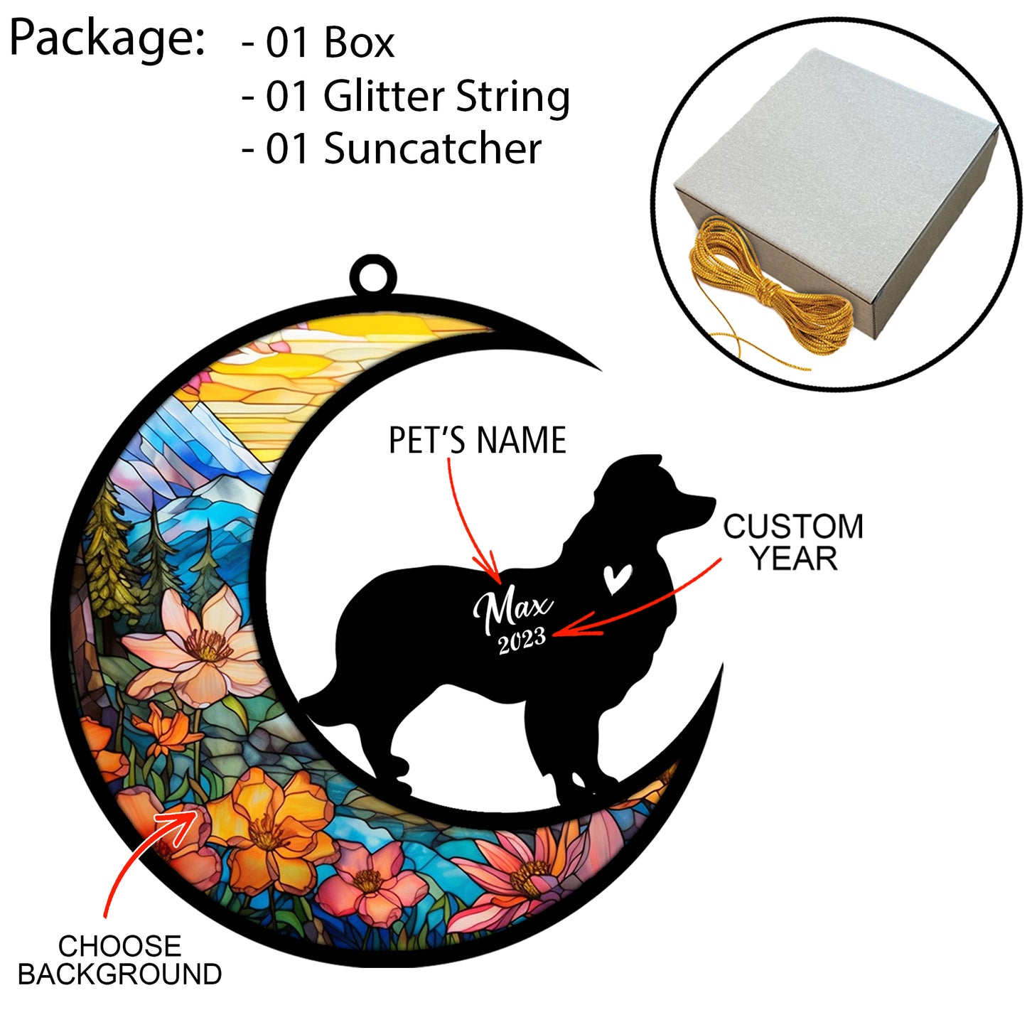 Netecom Personalized Border Collie Memorial Suncatcher - Dog Christmas Ornament with Name & Date - Boston Terrier Pet Loss Stained Glass Sympathy Gift & Bereavement Keepsake