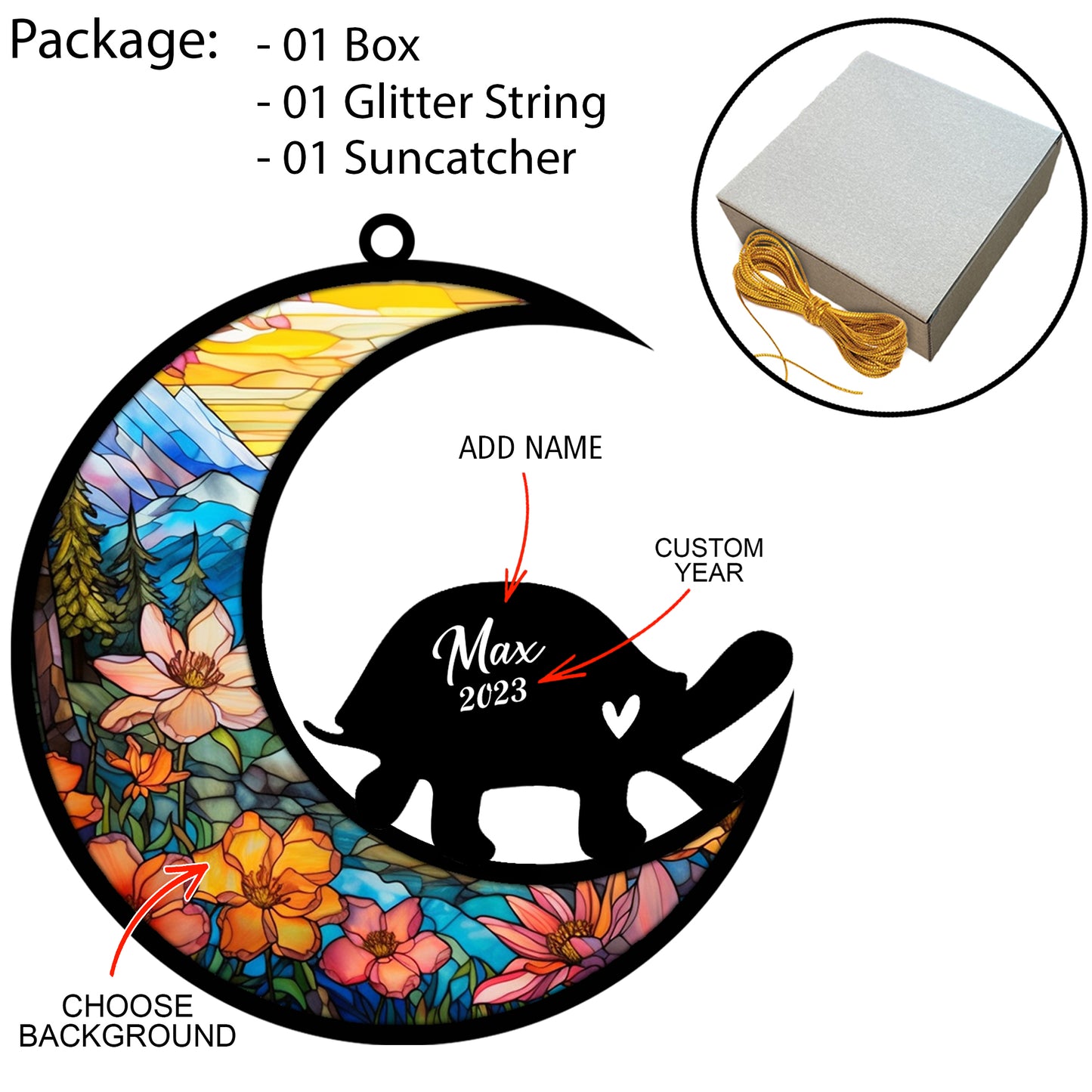 Netecom Personalized Turtle Memorial Suncatcher, Pet Loss Suncatcher, Bereavement Turtle Loss Gift, Custom Turtle Suncatcher with Name Date, Gifts for Turtle Lovers, Hanging Ornaments for Car, Window