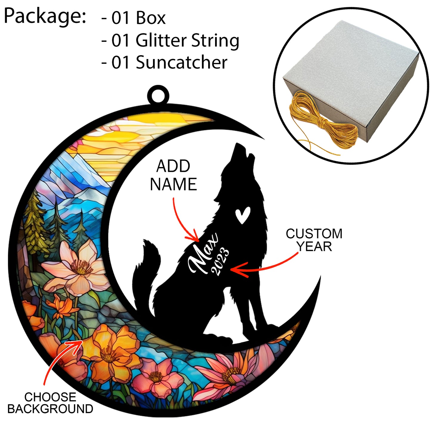 Netecom Personalized Wolf Memorial Suncatcher Ornament Decoration, Wolf Car Windows Hangings, Bereavement Wolf Loss Gift, Custom Wolf Suncatcher with Name Date, Memorial Gifts for Wolf Lovers