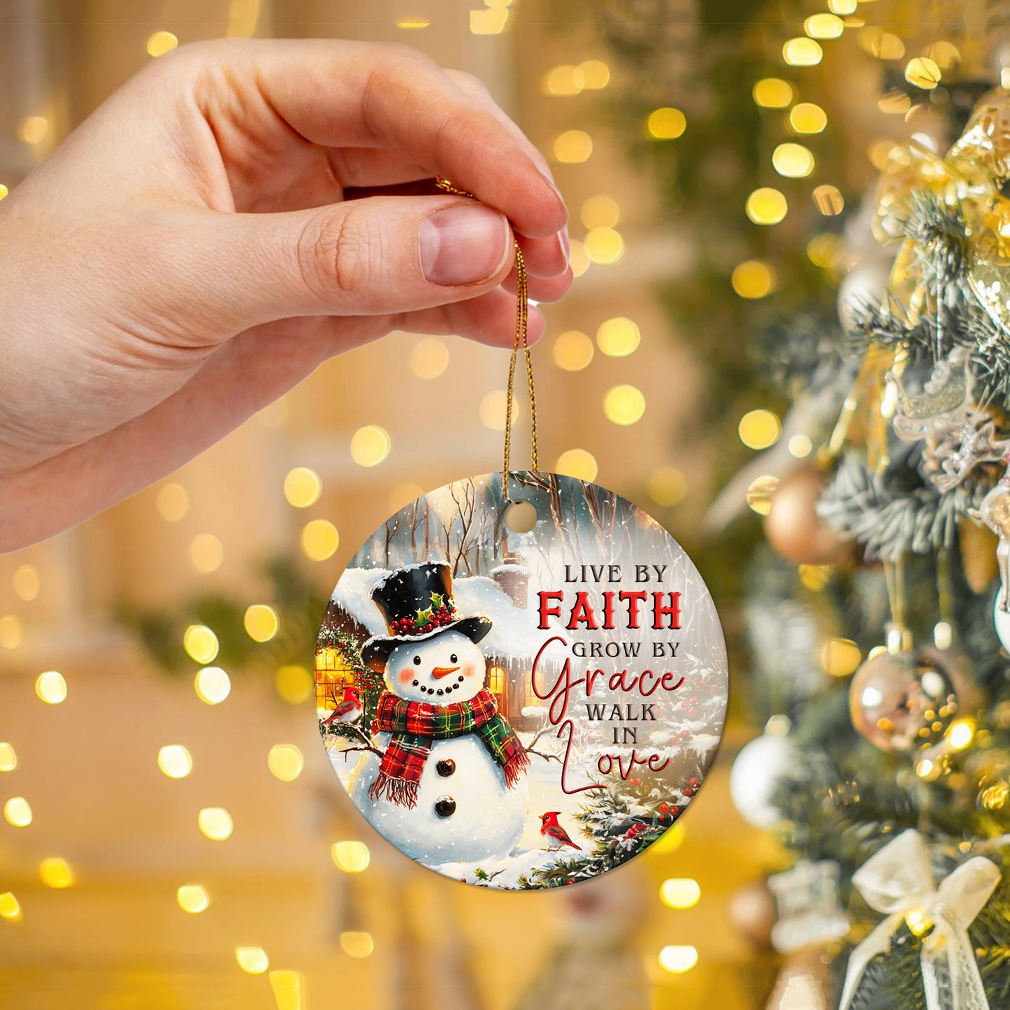 Netecom Cozy Snowman Christmas Ornament, Live by Faith Grow by Grace Walk in Love Ceramic Ornament for Xmas Tree Hanging Decorations Gift, Religious Gifts for Christian, Holiday Party Present