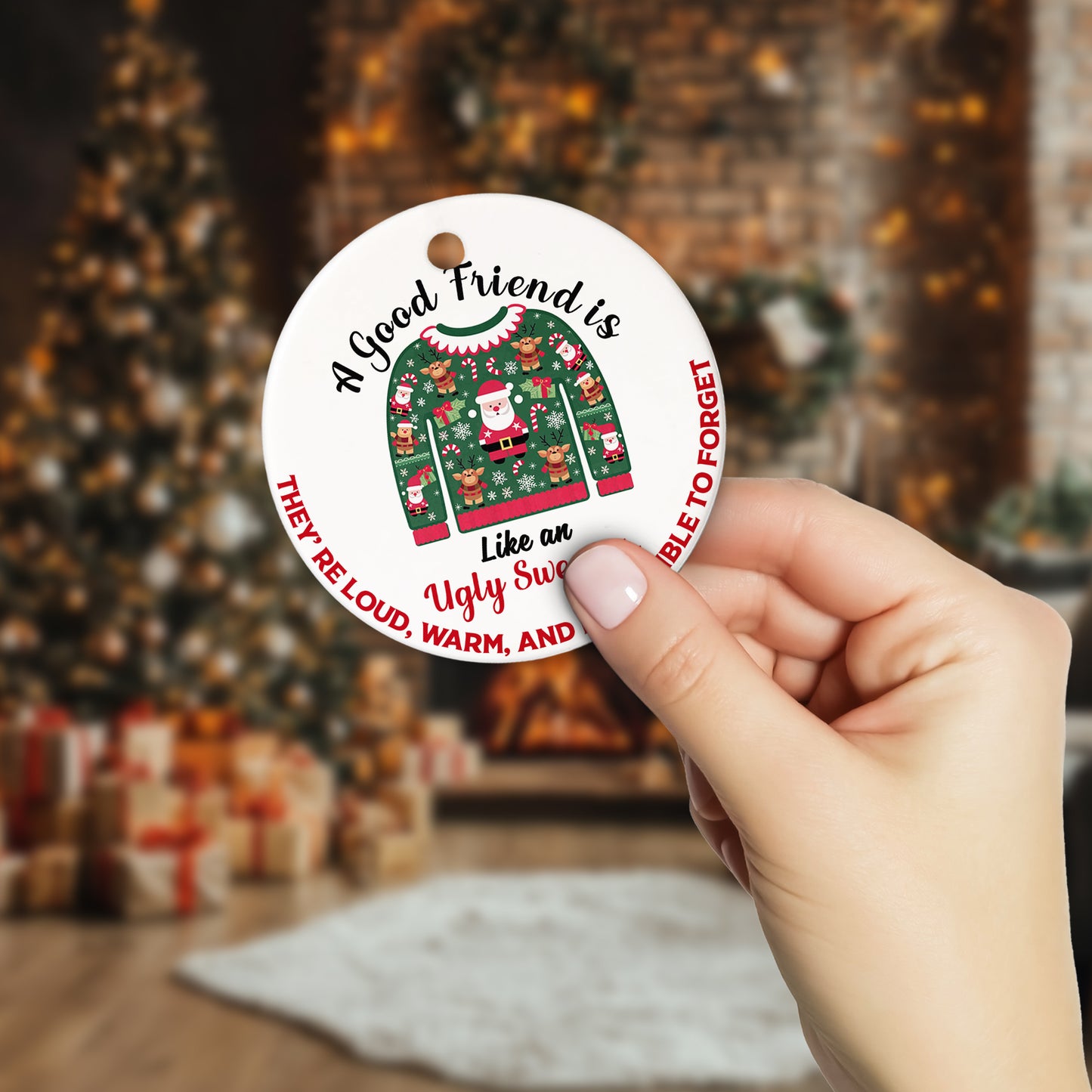 Netecom Funny Best Friend Christmas Ornament, A Good Friend Is Like An Ugly Sweater Ceramic Ornament for Xmas Tree Hanging Decorations Gift, Friendship Gifts for Men Women, Holiday Present