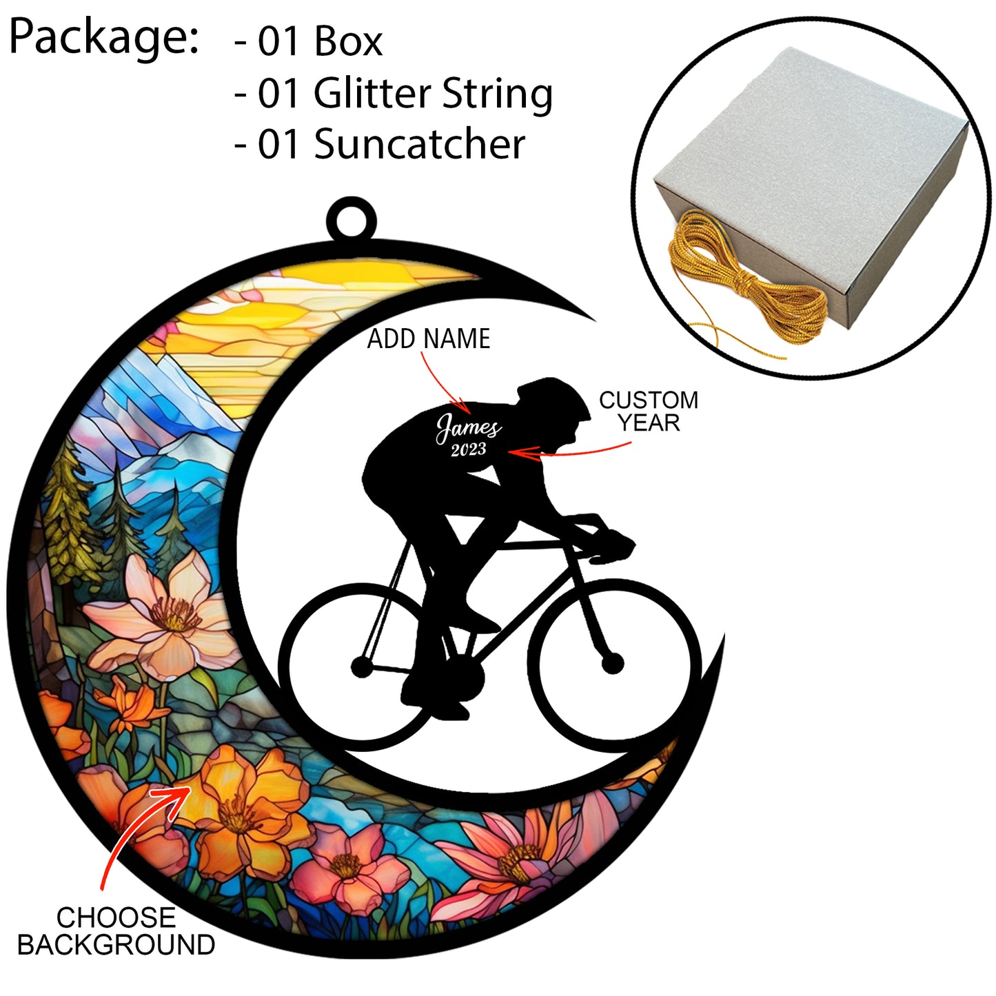 Netecom Personalized Cycling Suncatcher - Cycling Ornament for Christmas Tree 2025 - Cycling Christmas Pendant & Hanging Decoration for Car, Window, Home & Party - Cycling Lover Gift