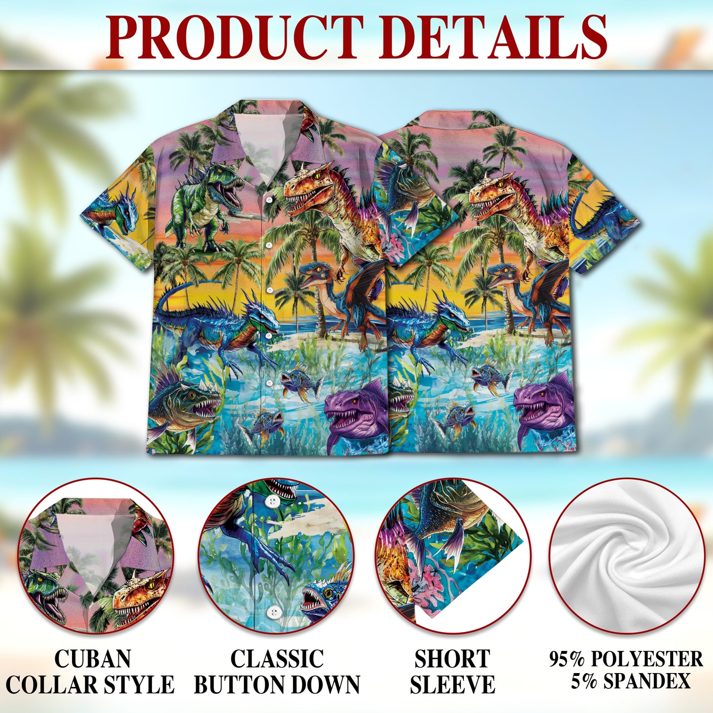 Netecom Tropical Dinosaur Hawaiian Shirt for Men, Dinosaur Lover Gifts, Animal Button Down Summer Beach Shirts