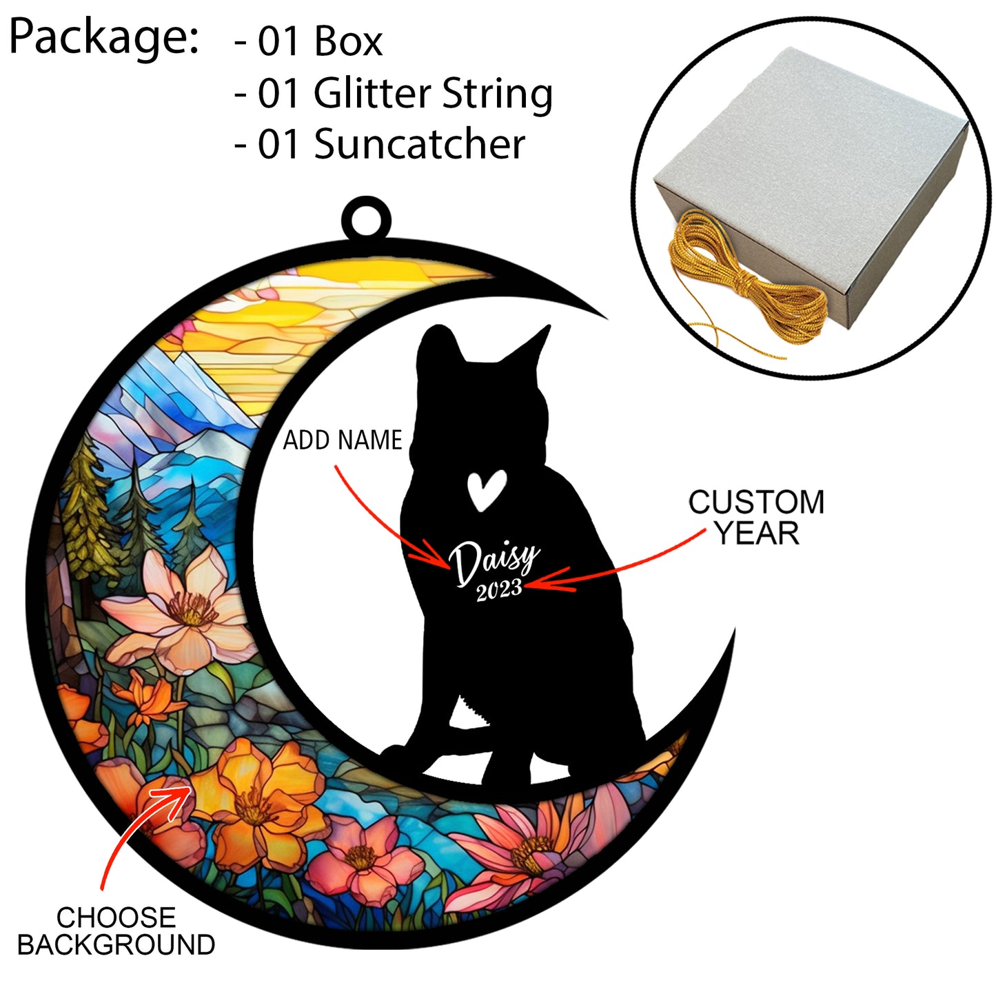 Netecom Personalized Russian Blue Cat Memorial Suncatcher - Custom with Name & Date - Pet Loss Light Catcher - Christmas Cat Ornament for Window Hangings