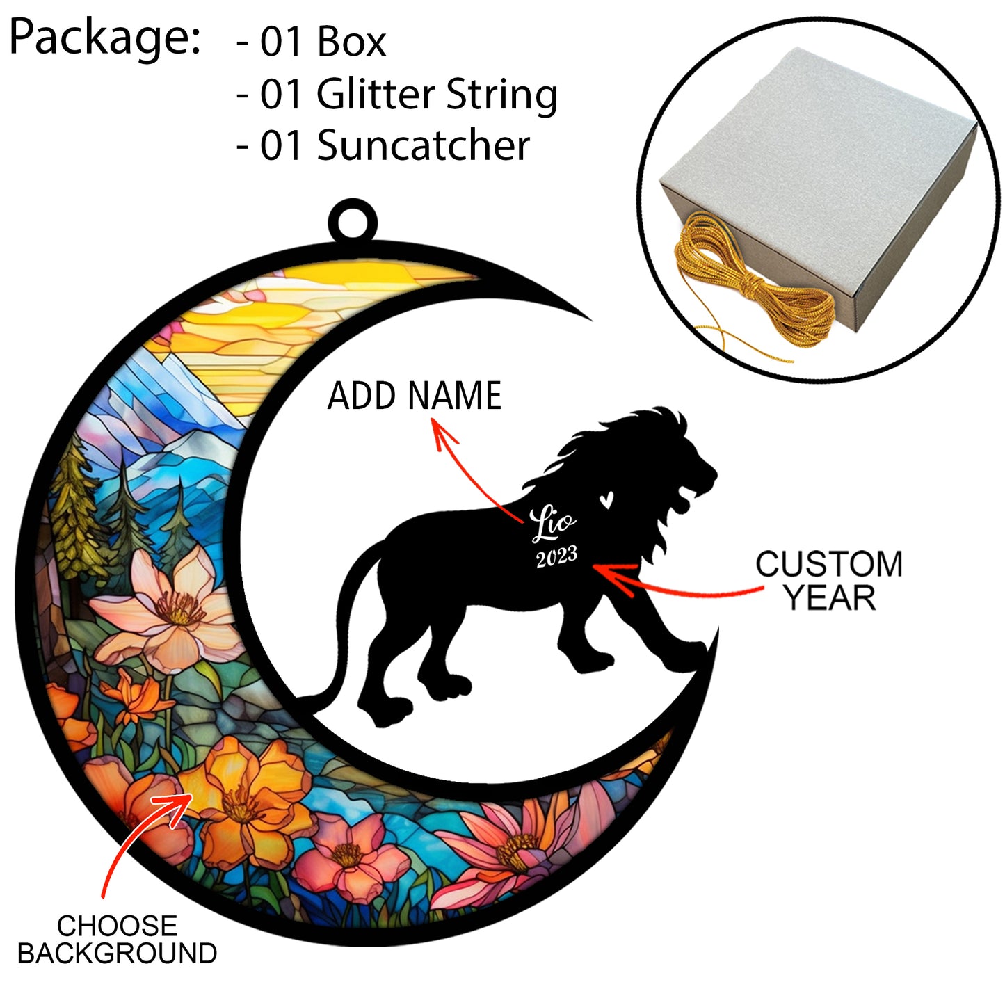 Netecom Personalized Lion Memorial Suncatcher - Lion Christmas Ornament with Name - Pet Loss Stained Glass Light Catcher - Bereavement & Sympathy Gift for Loss of Pet
