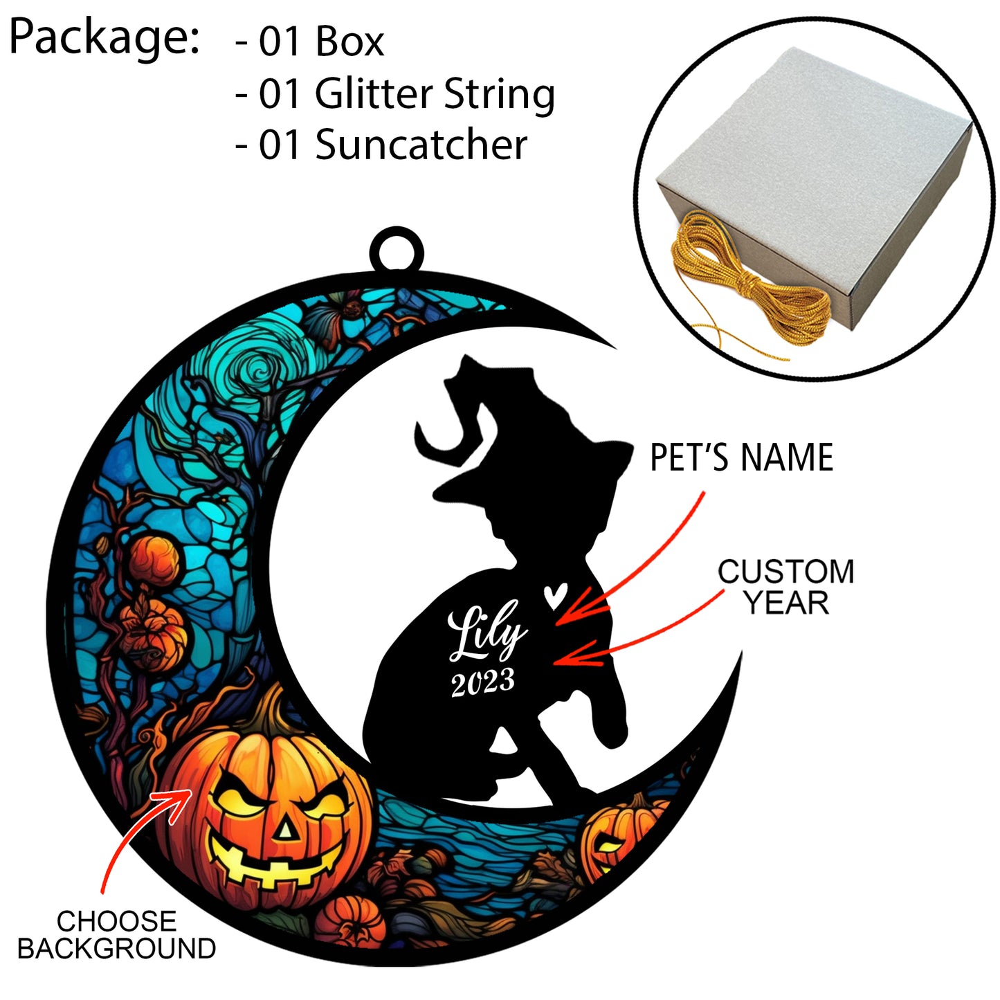Netecom Personalized Halloween Devon Rex Cat Suncatcher - Custom Cat Ornament with Name, Devon Rex Cat with Witch Hat Halloween Decoration for Window, Garden, or Car