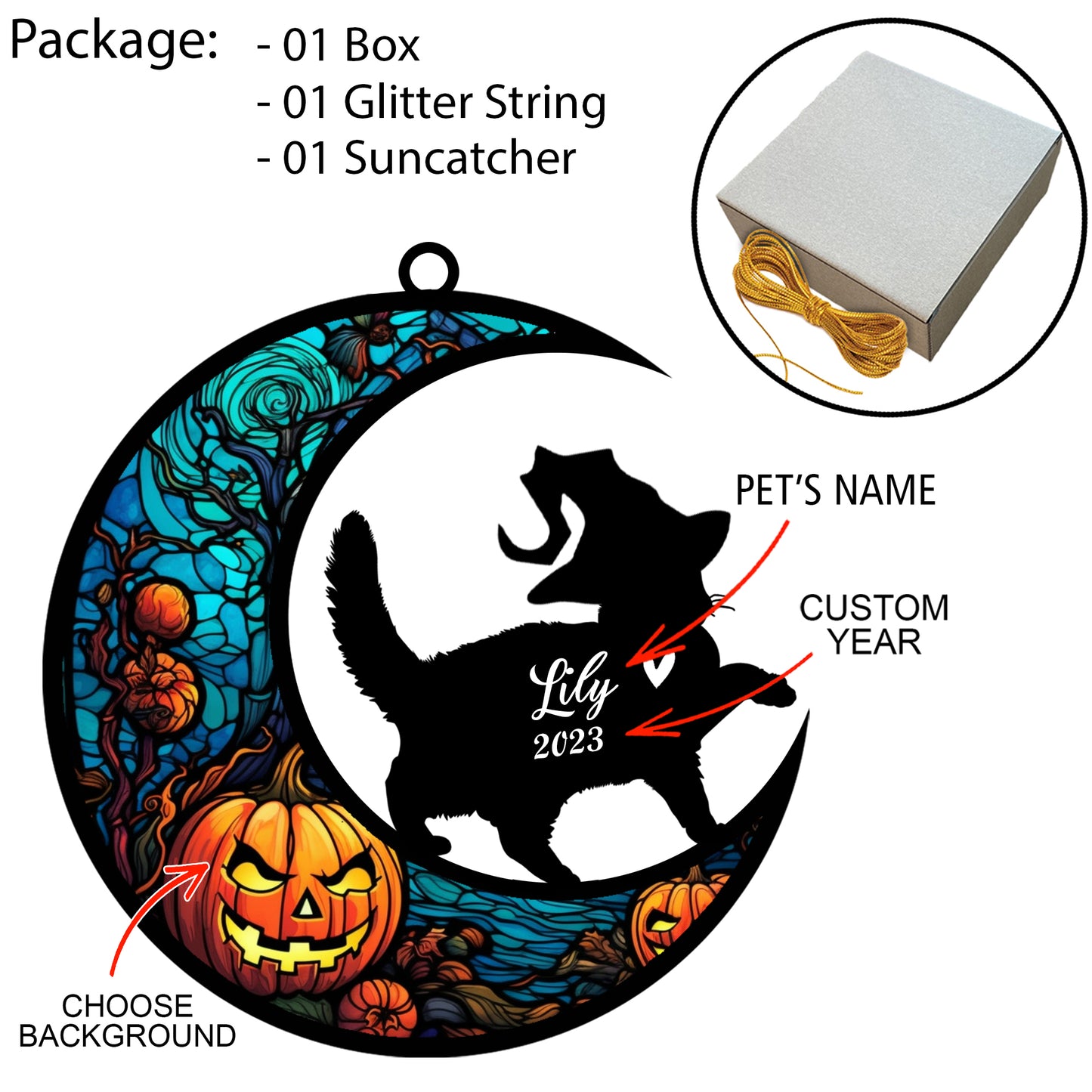 Netecom Personalized Halloween British Shorthair Cat Suncatcher - Custom Cat Ornament with Name, British Shorthair Cat with Witch Hat Halloween Decoration for Window or Garden