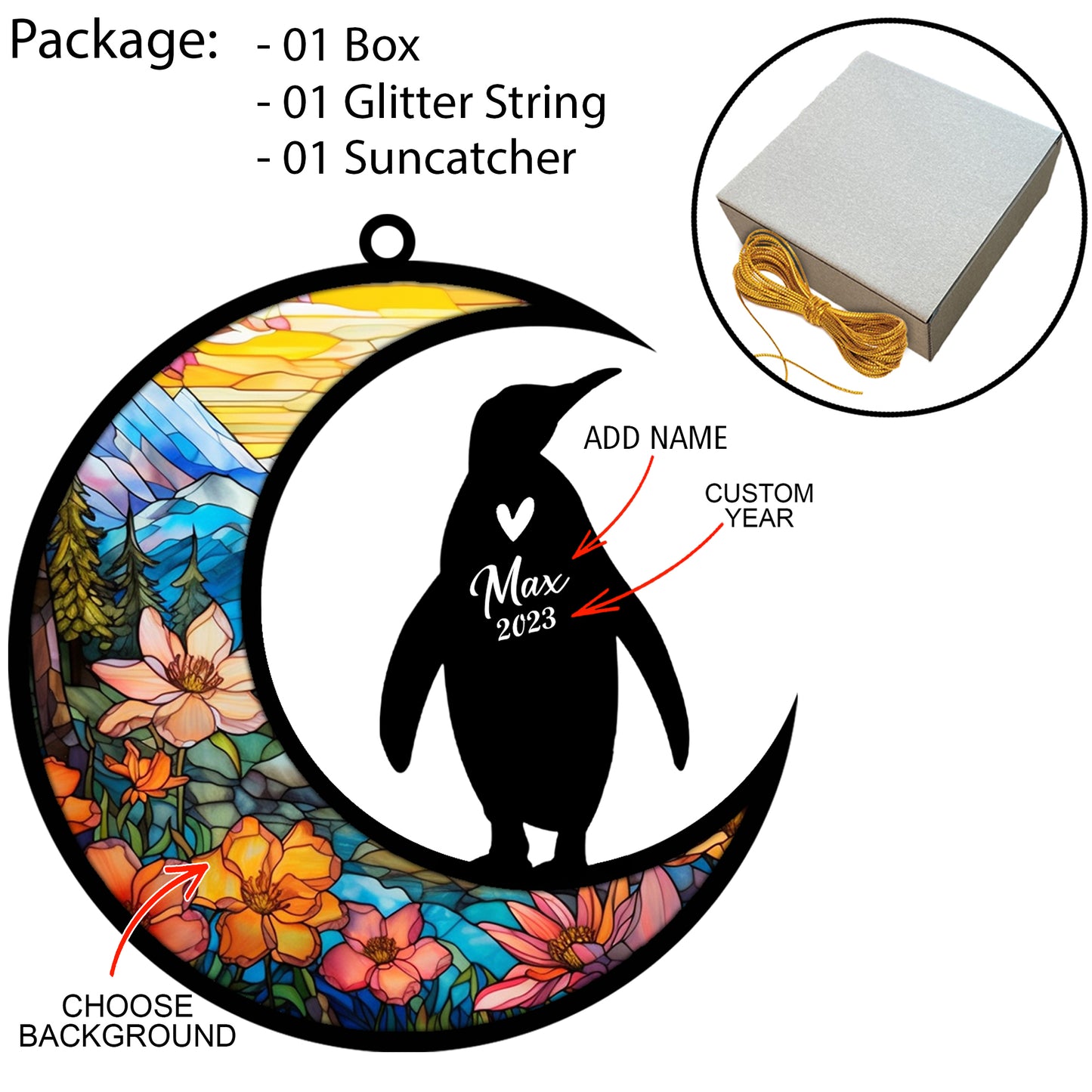 Netecom Personalized Penguin Memorial Suncatcher, Pet Loss Suncatcher, Bereavement Penguin Loss Gift, Custom Penguin with Name Date, Gifts for Penguin Lovers, Hanging Ornaments for Car, Window