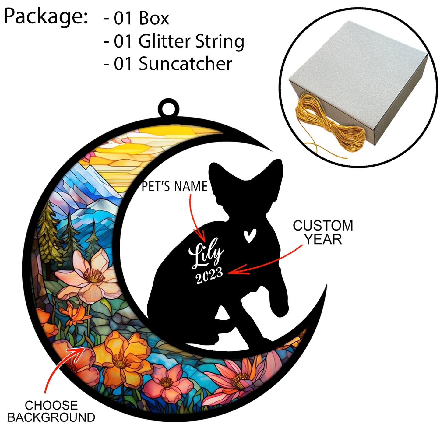 Netecom Personalized Devon Rex Cat On Moon Suncatcher - Custom with Name & Date - Pet Loss Light Catcher - Gifts for Cat Lovers - Christmas Cat Ornament for Window Hangings