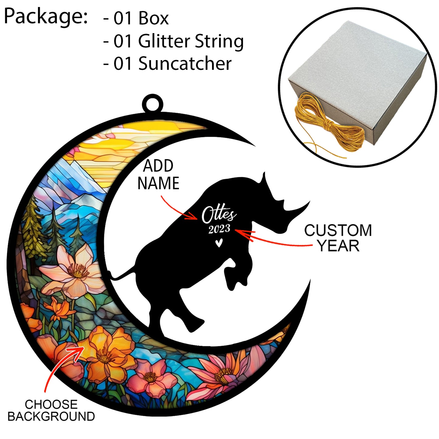 Netecom Personalized Rhino Memorial Suncatcher - Rhino Christmas Ornament with Name & Date - Pet Loss Stained Glass Light Catcher - Bereavement & Sympathy Gift for Loss of Pet