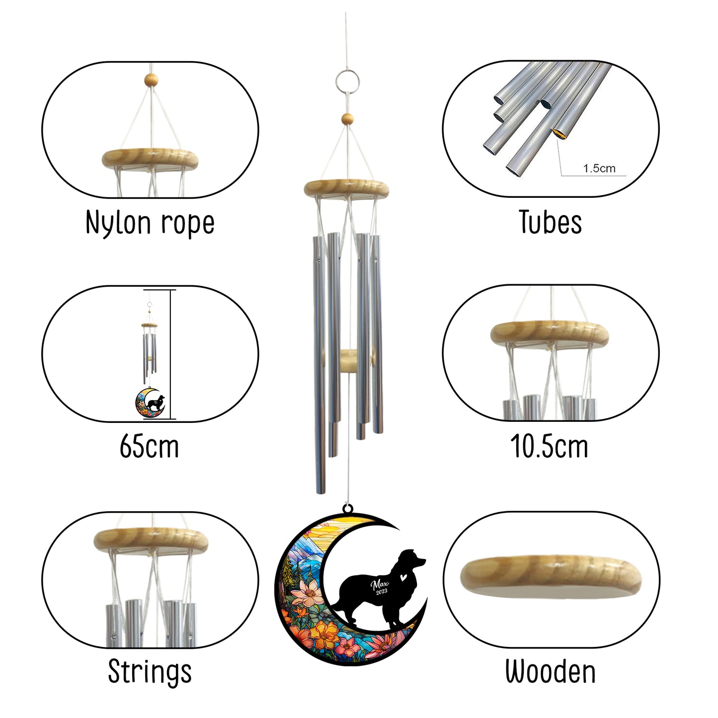 Netecom Border Collie Dog Wind Chimes Memorial, Personalized Pet Memorial Windchime for Dogs Suncatcher, Dog Loss Memorial Ornament, Loss of Pet Remembrance Gift, Sympathy Pet Wind Chimes Outdoor Garden