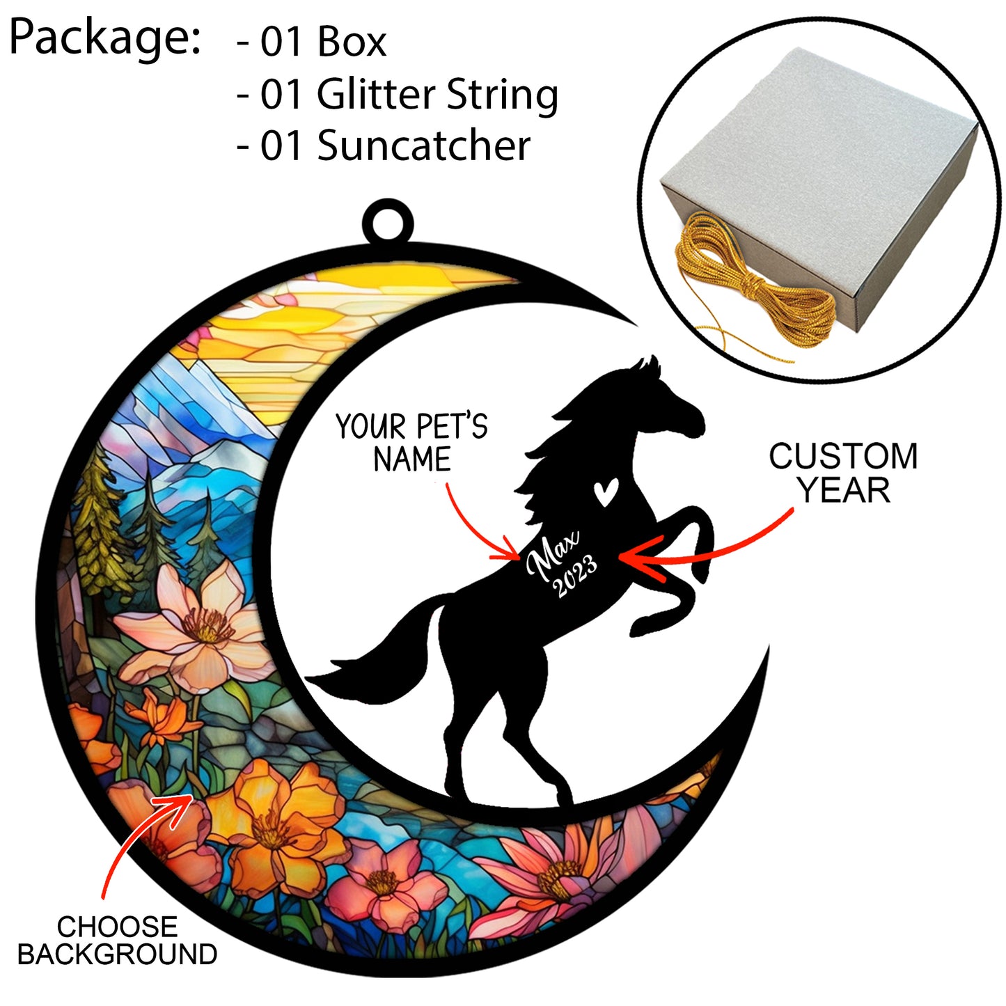 Netecom Personalized Horse Memorial Suncatcher, Horse Christmas Ornament, Custom Horse Name Sign Hanging Christmas Bereavement, Horse Loss Gift, Horse Lover Gift