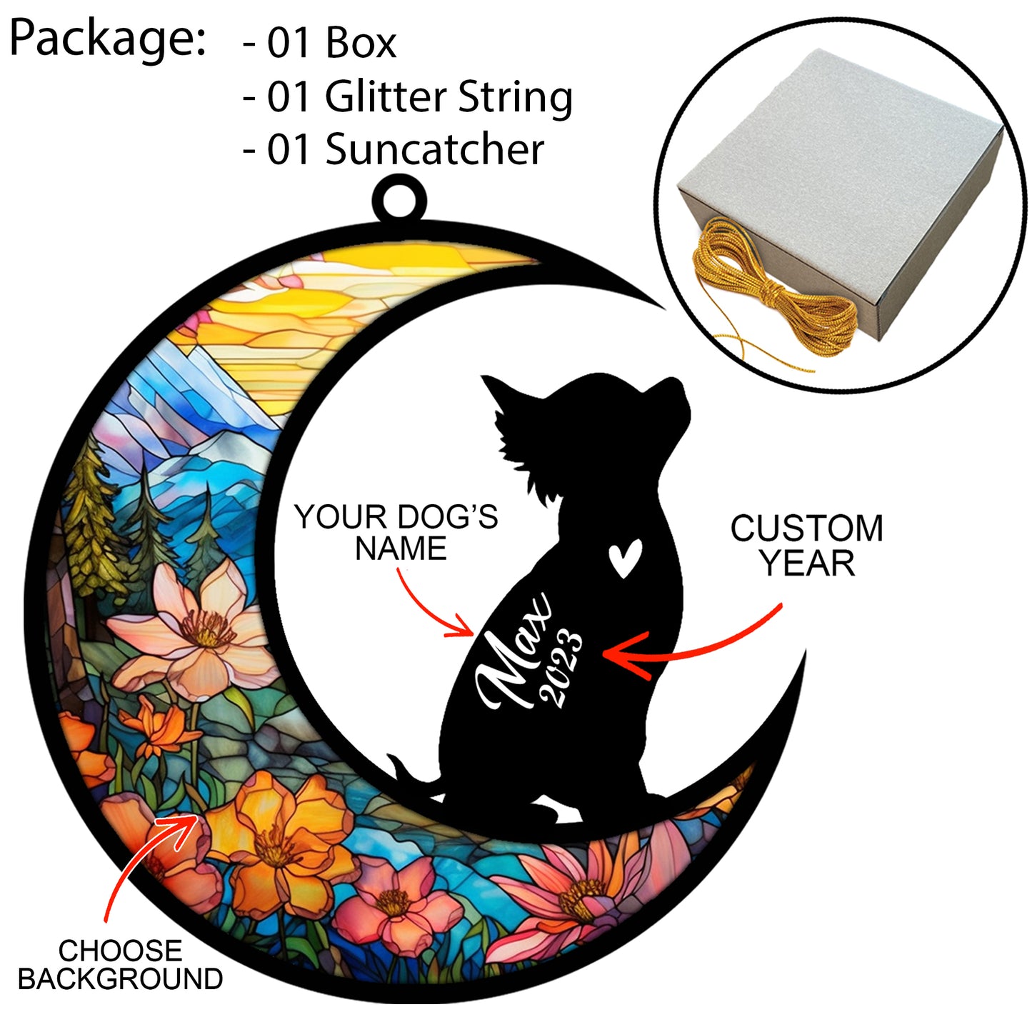 Netecom Personalized Chihuahua Memorial Suncatcher, Beagle Christmas Ornament with Name Date, Dog Memorial Ornament Loss of Pet Sympathy Gift, Pet Loss Stained Glass