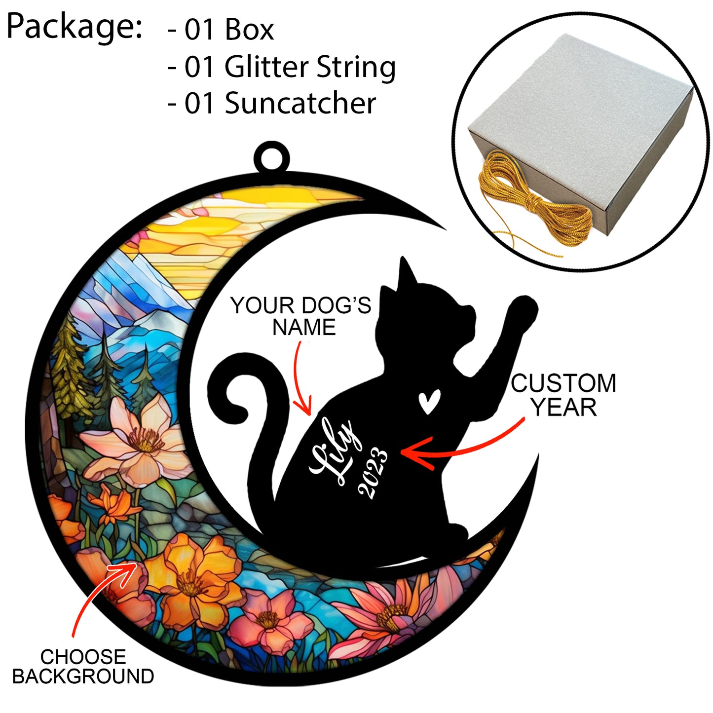 Netecom Personalized Cat Memorial Suncatcher, Custom Cat Breeds Suncatcher with Name & Date, Pet Loss Suncatcher, Stained Glass, Gifts for Cat Lovers, Christmas Cat Ornament Window Hangings